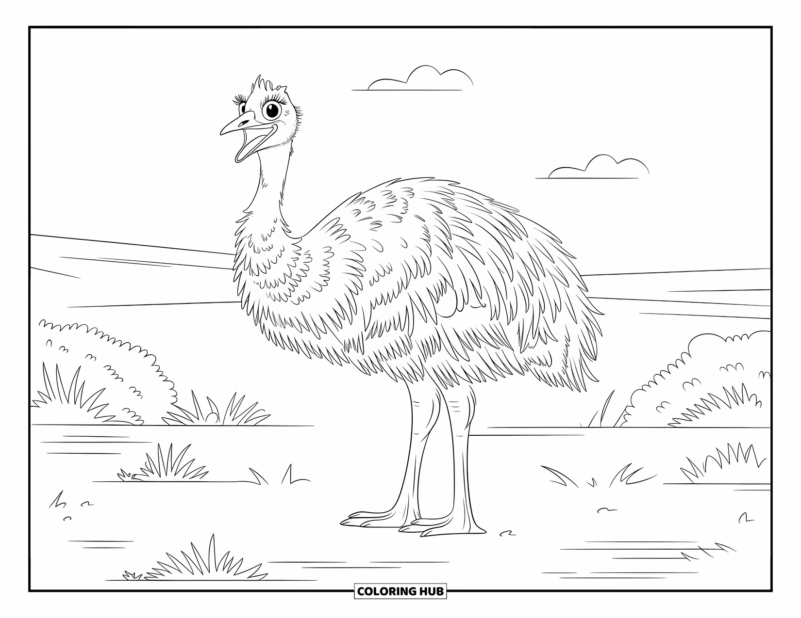 Australia Coloring Page for Kids: An emu stands wide-eyed on the open desert