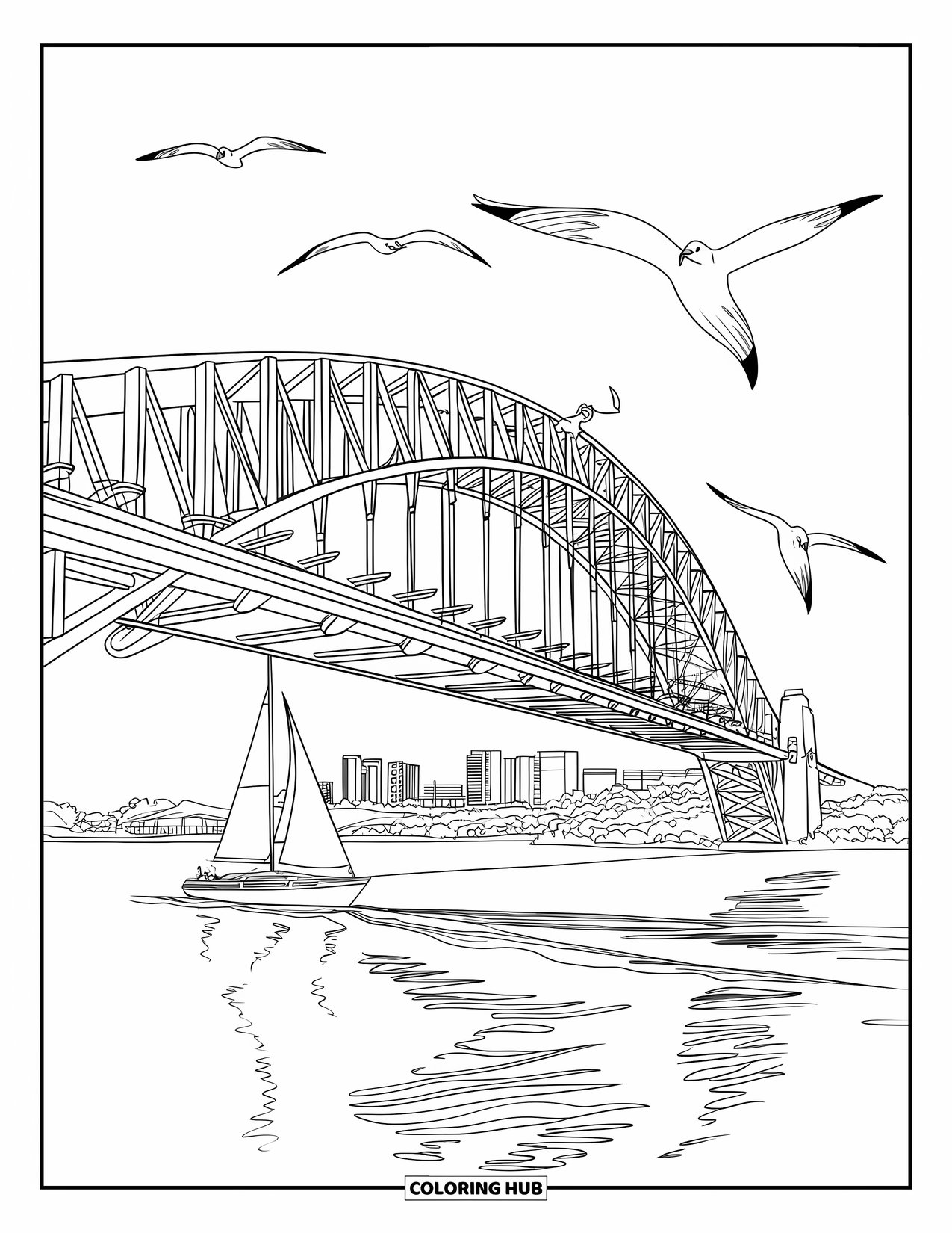 Australia Coloring Page for Kids: Bridge arches over calm water with boats and a city skyline
