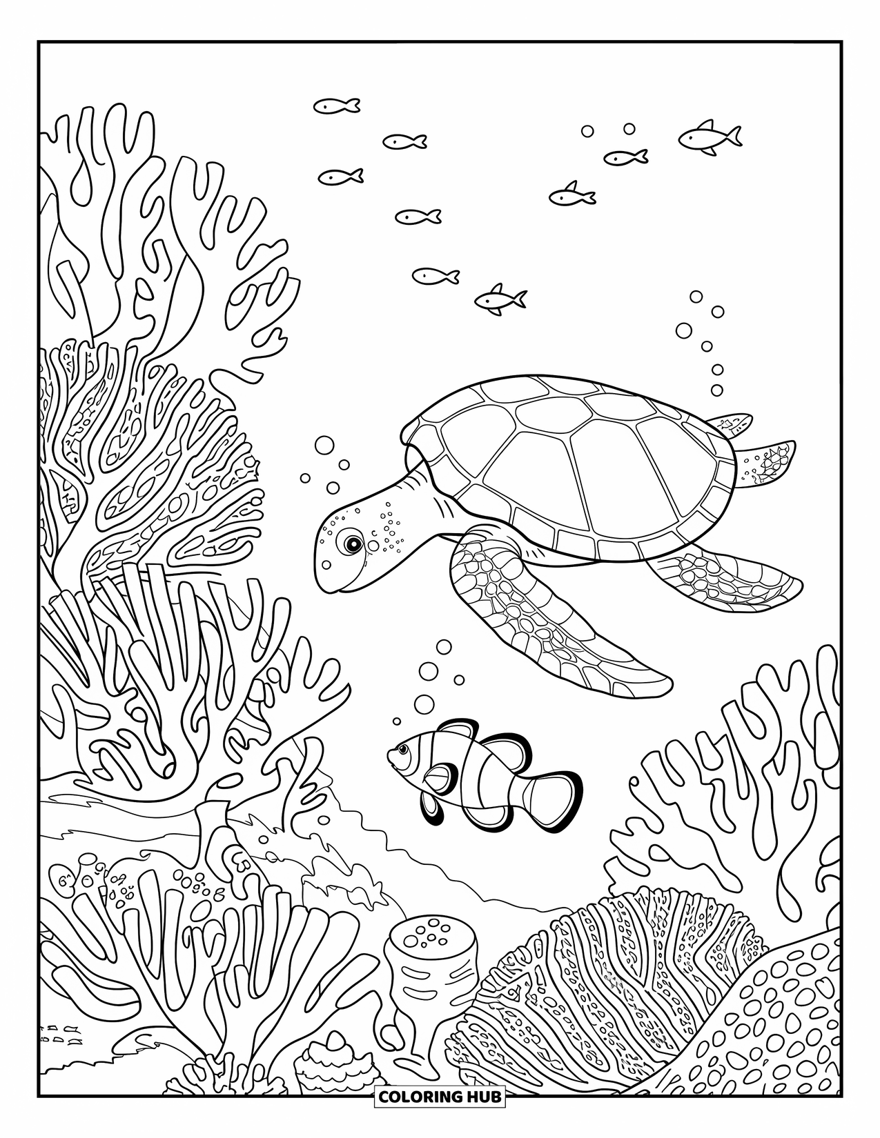 Australia Coloring Page for Kids: Coral reef with fish and turtle swimming nearby