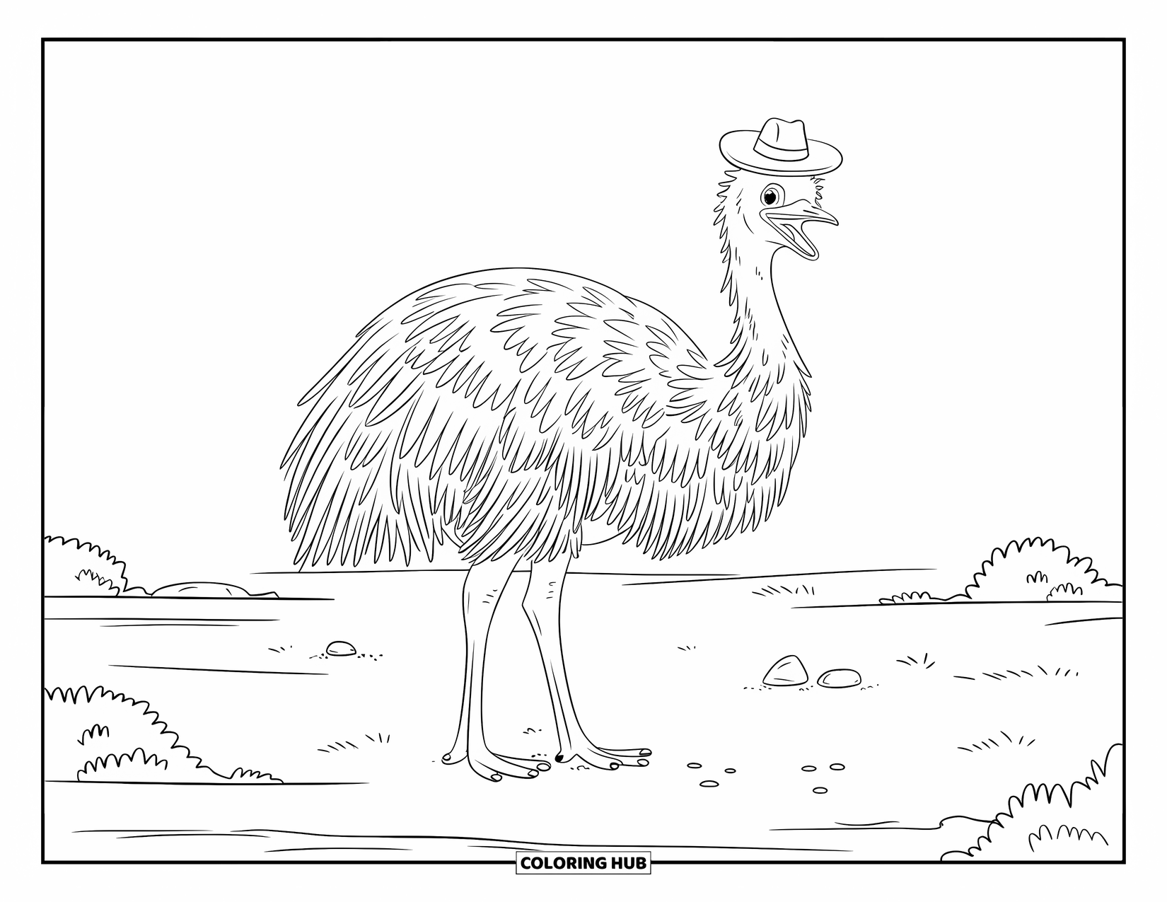Australia Coloring Page for Kids: Emu with hat stands on desert rocks and shrubs