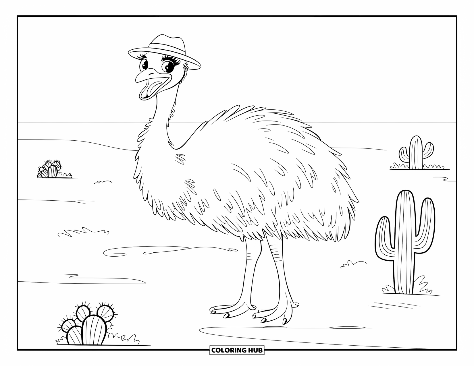Australia Coloring Page for Kids: Emu with tiny hat stands among desert cacti