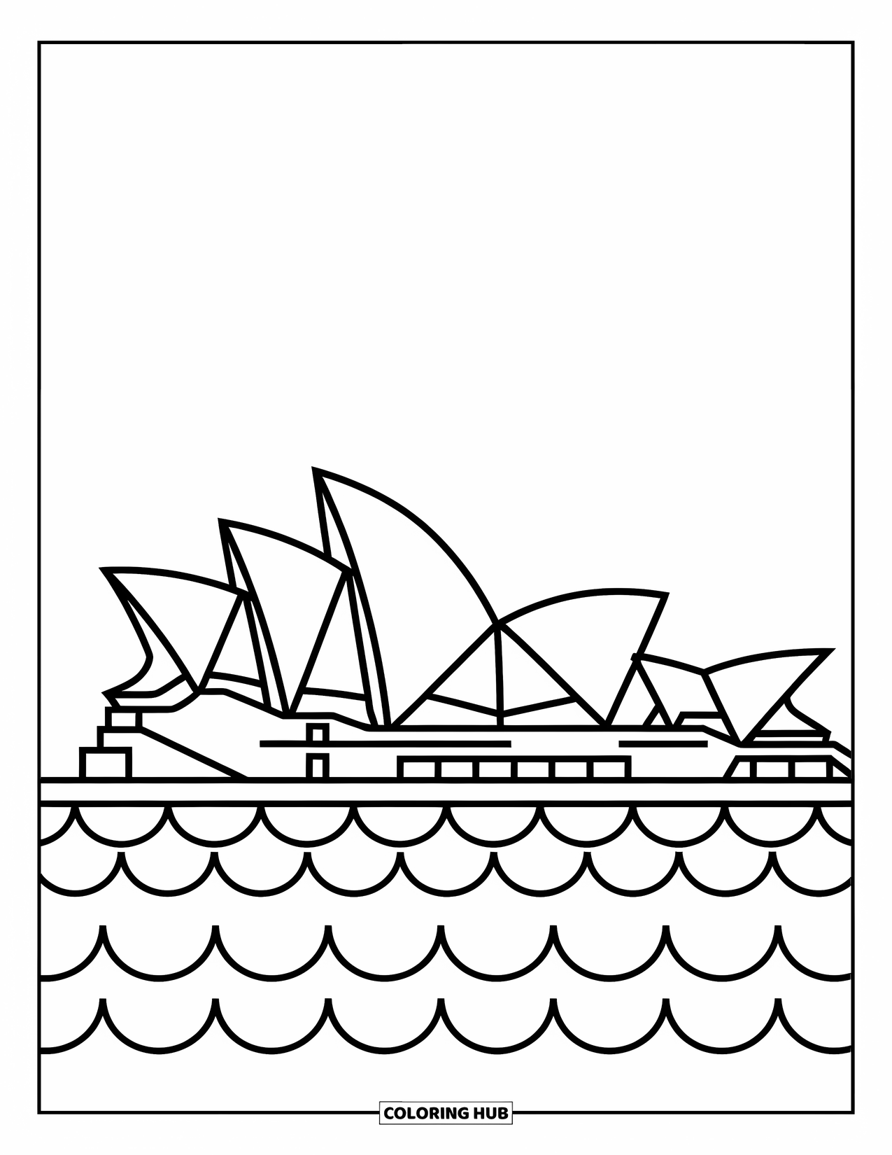Australia Coloring Page for Kids: Iconic Opera House sails sit above gentle waves