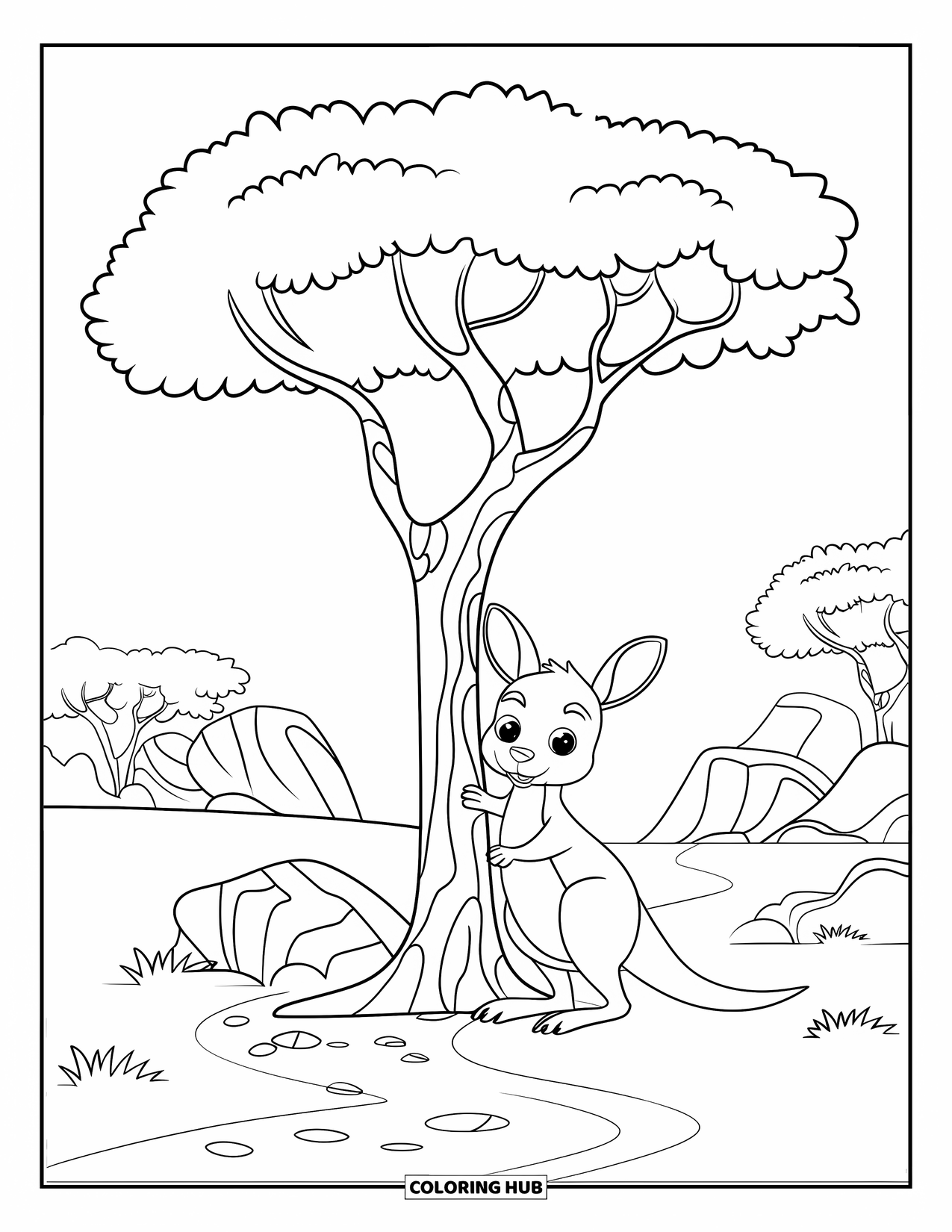 Australia Coloring Page for Kids: Kangaroo holds a tree beside rocks and open land