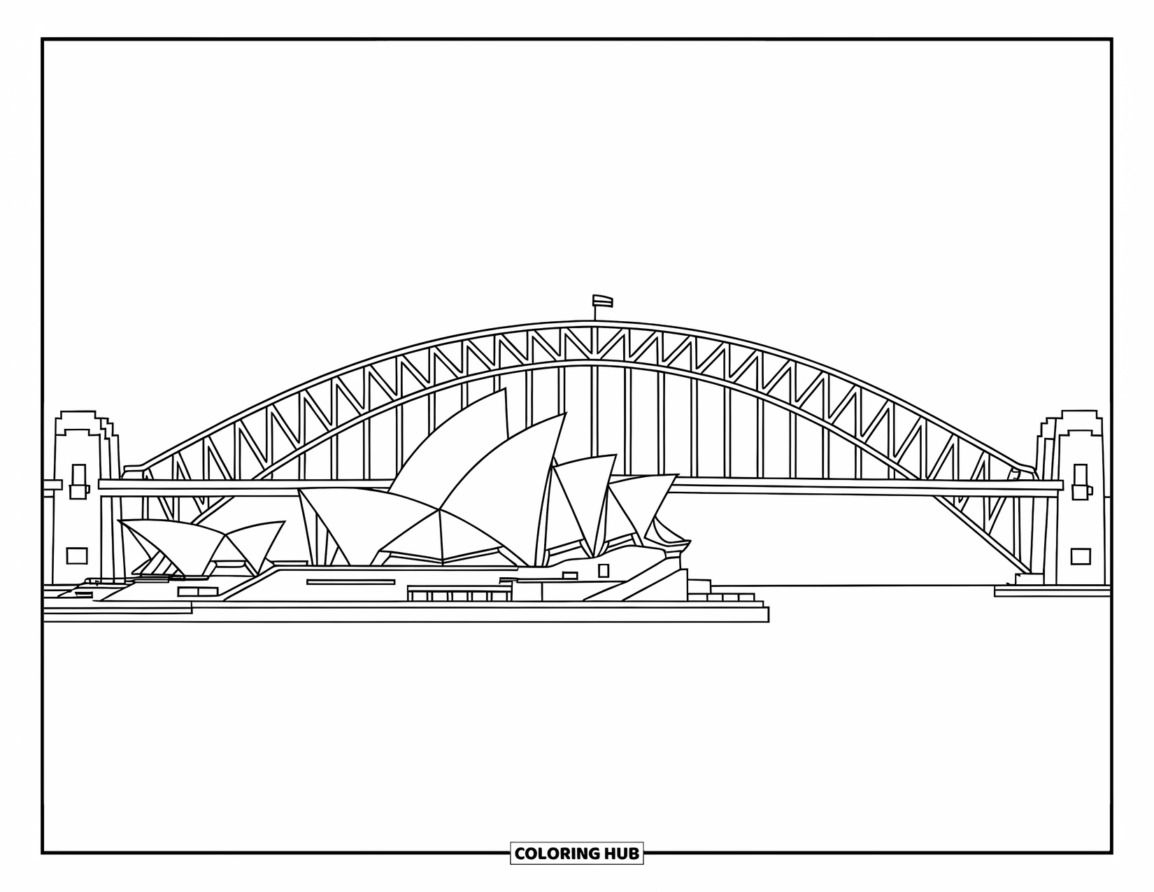 Australia Coloring Page for Kids: Opera House and Harbour Bridge rise together against calm waters