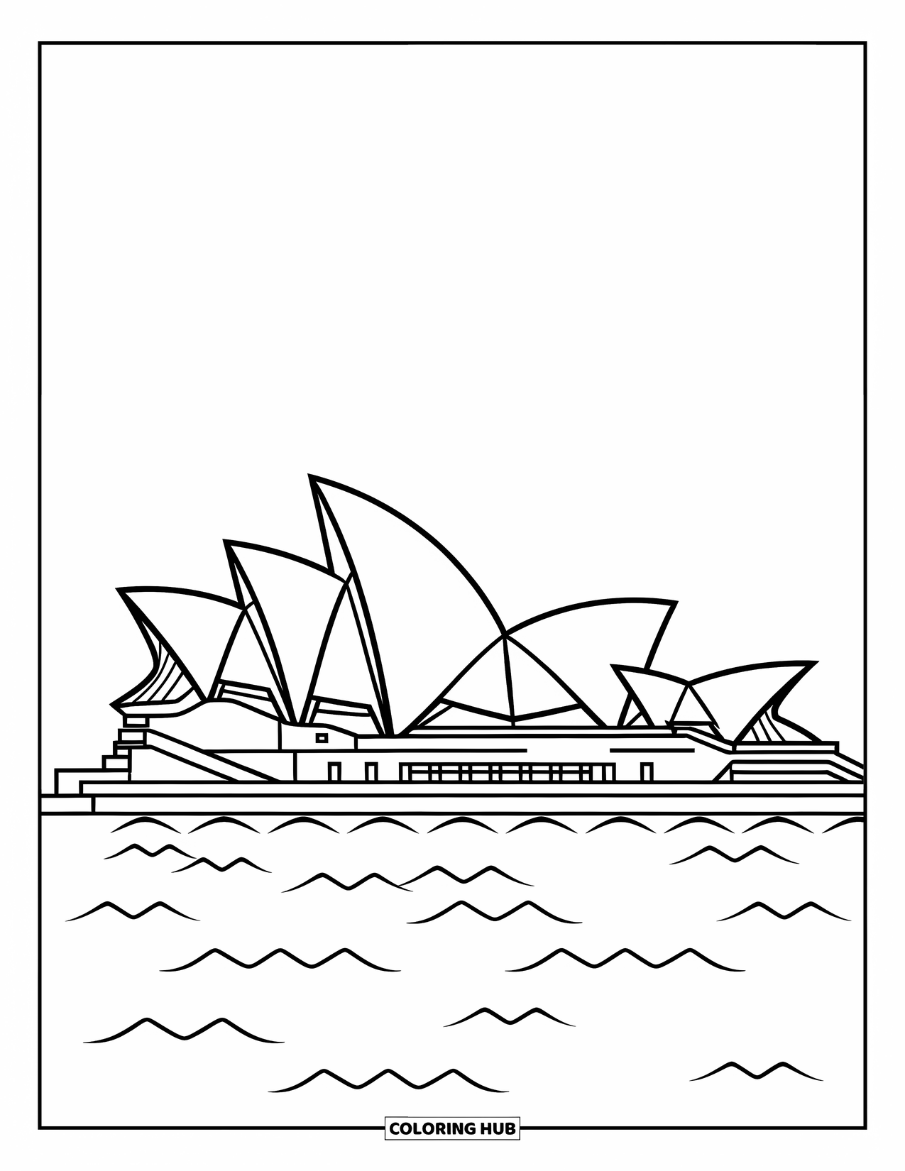 Australia Coloring Page for Kids: Opera House with calm water and clear sky