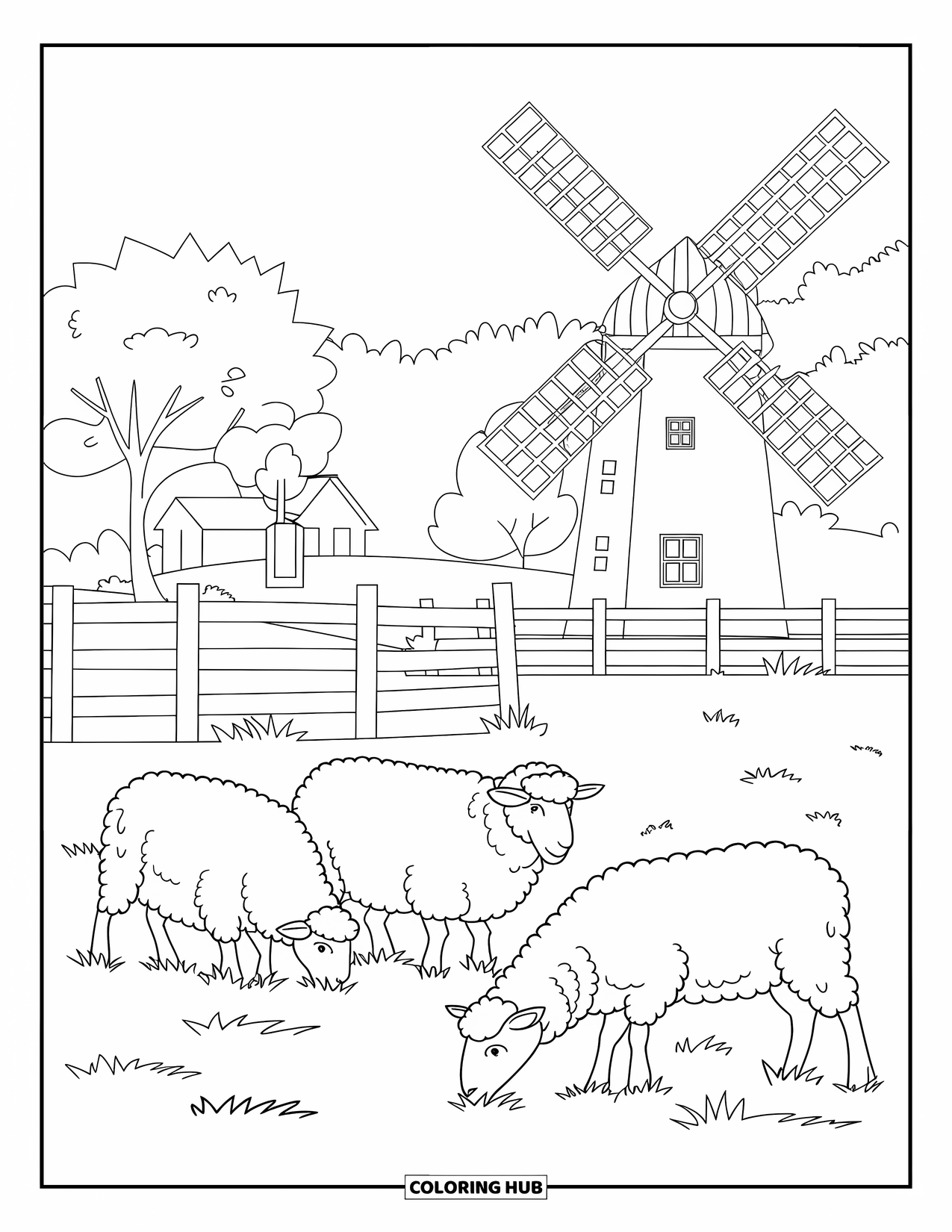 Australia Coloring Page for Kids: Sheep graze near a farmhouse, fence, and windmill