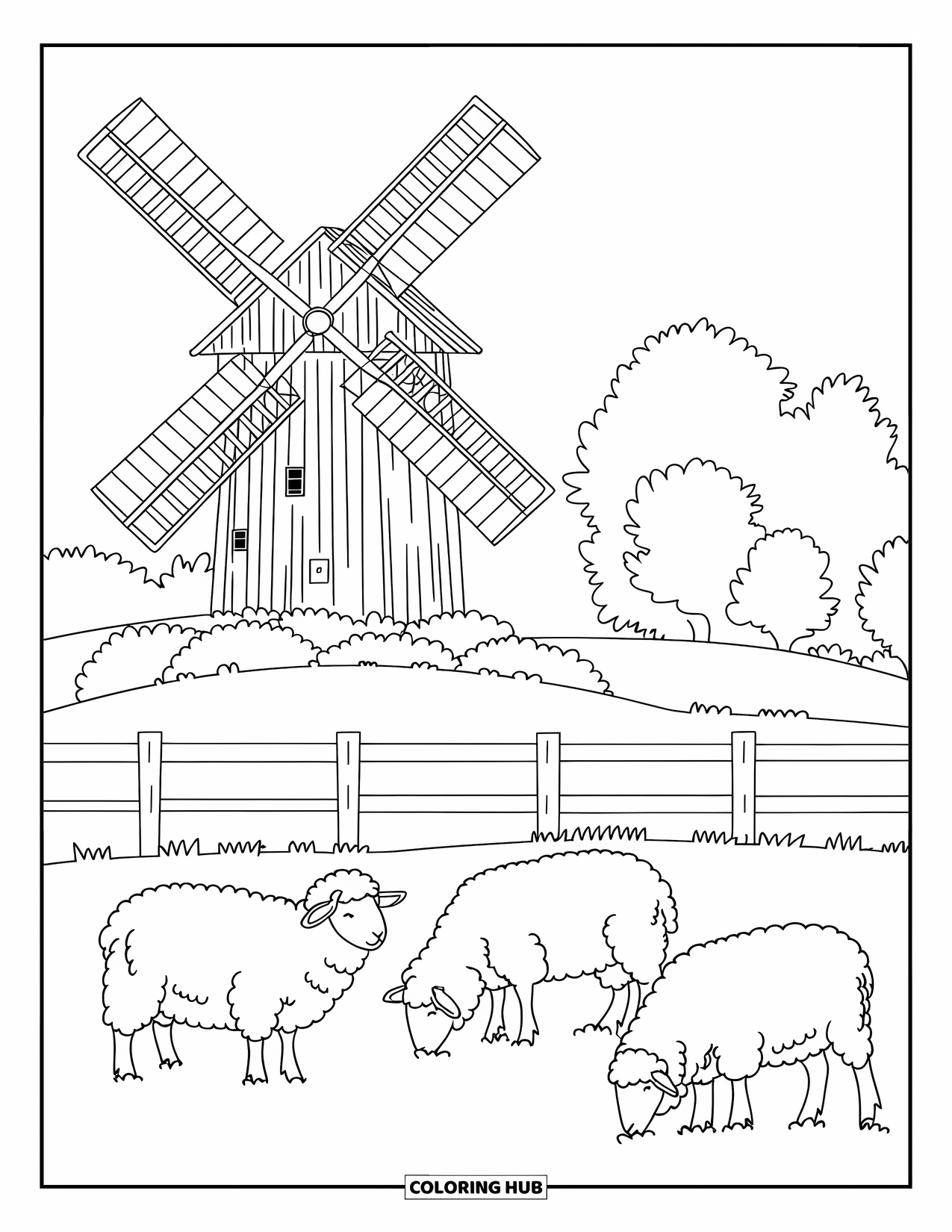 Australia Coloring Page for Kids: Sheep graze near a windmill and wooden fence