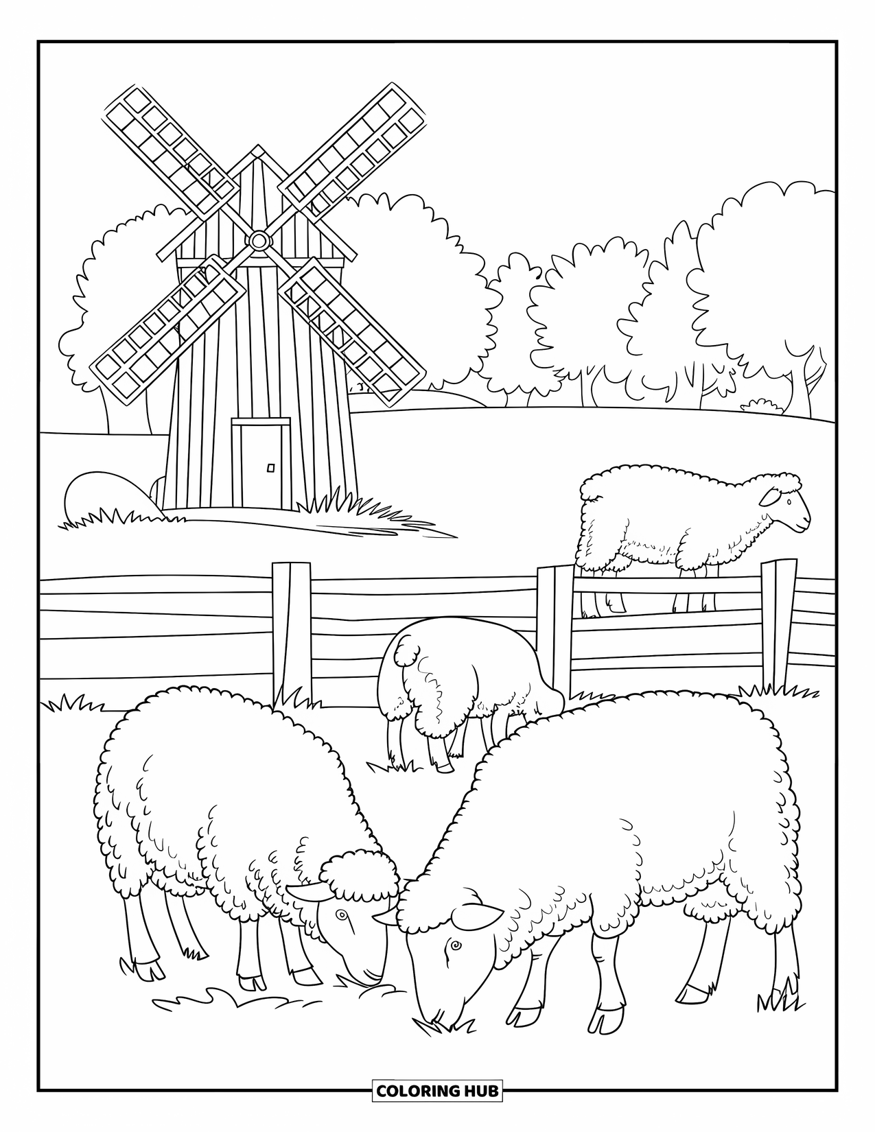 Australia Coloring Page for Kids: Sheep wander near a windmill and trees