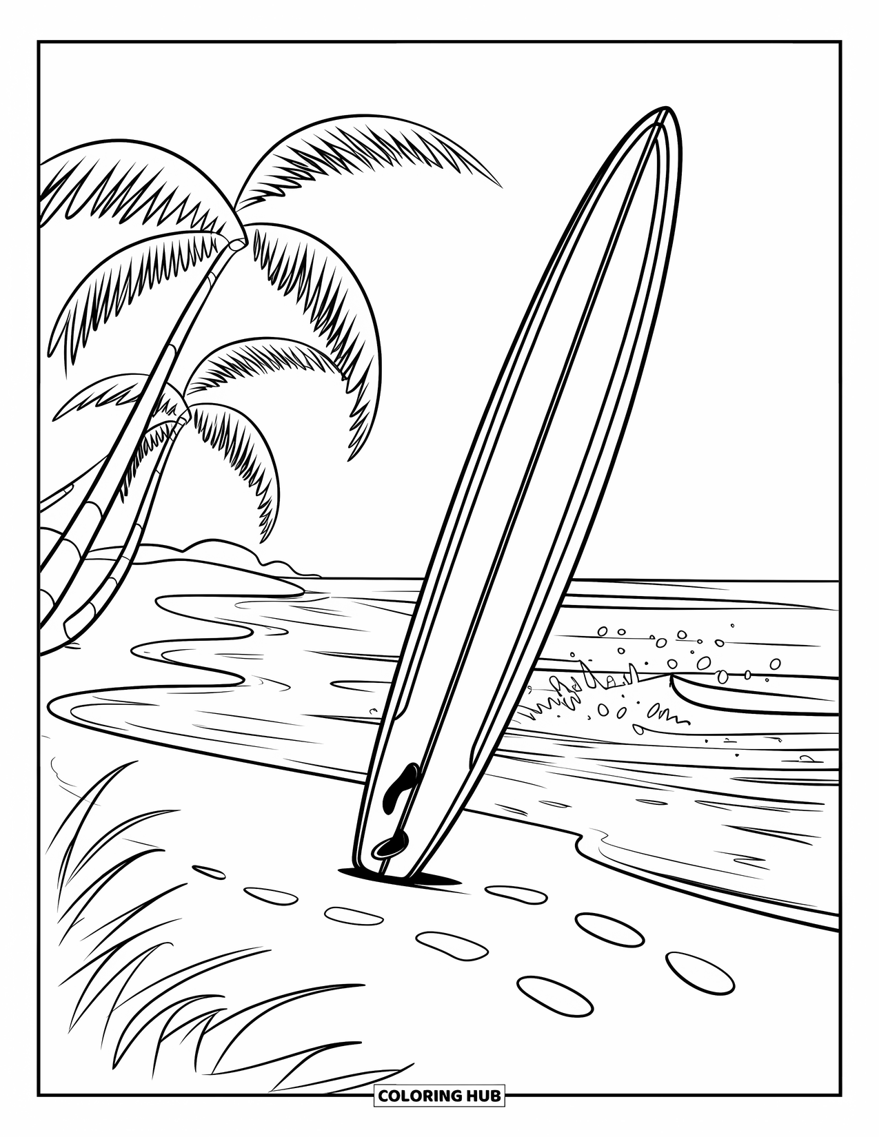 Australia Coloring Page for Kids: Surfboard in sand with palm trees and footprints nearby