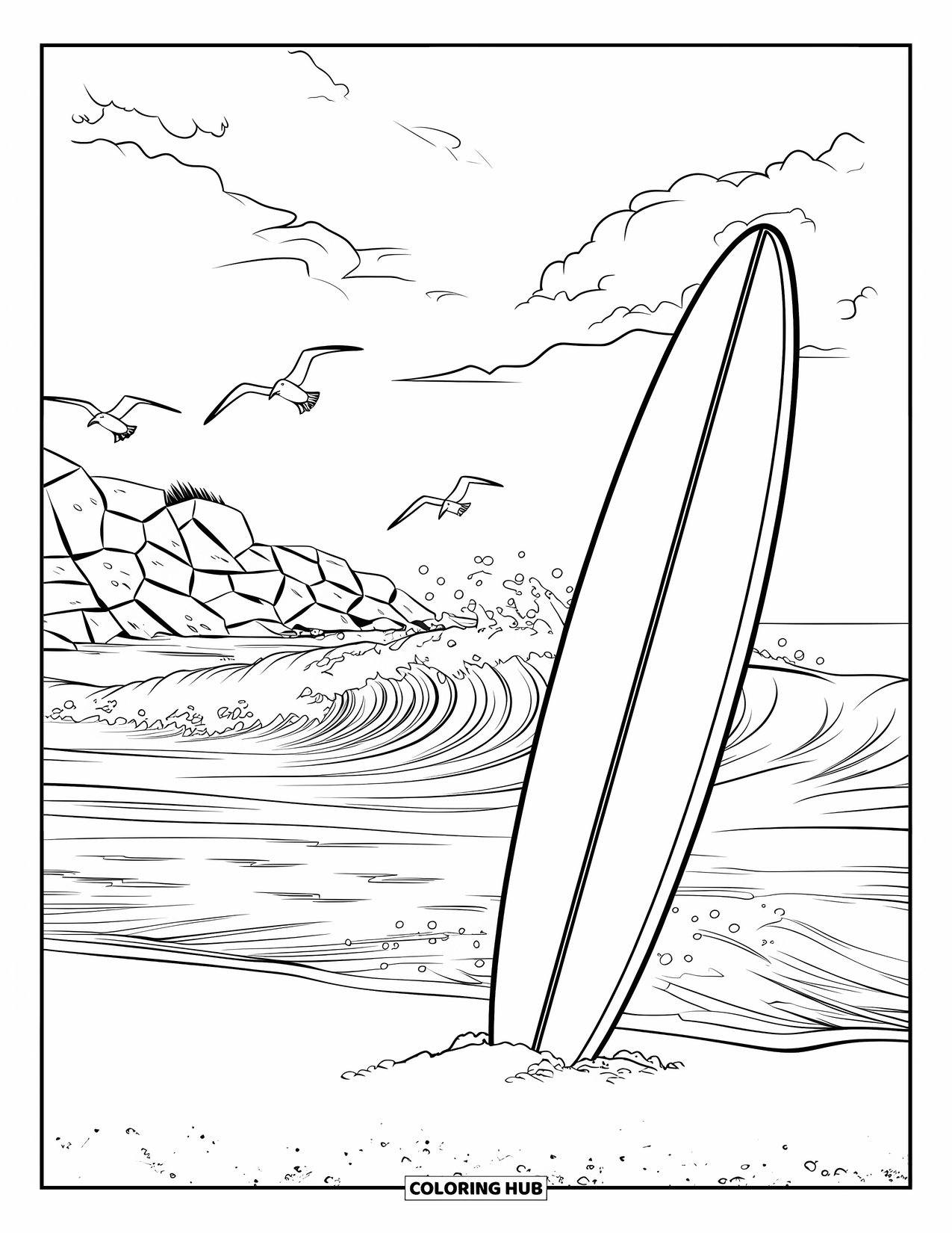 Australia Coloring Page for Kids: Surfboard in sand with seagulls and rocky shore