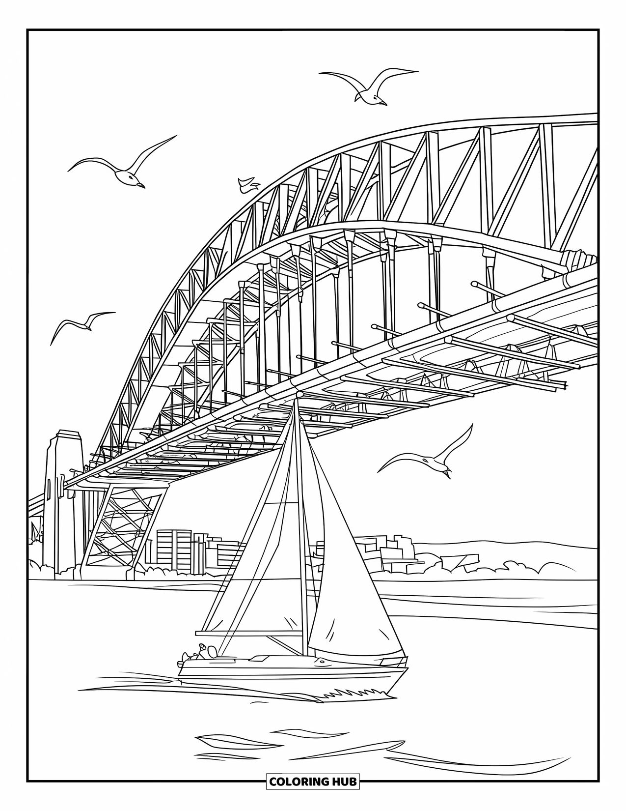 Australia Coloring Page for Kids: Sydney Harbour Bridge spans the water with a sailboat below