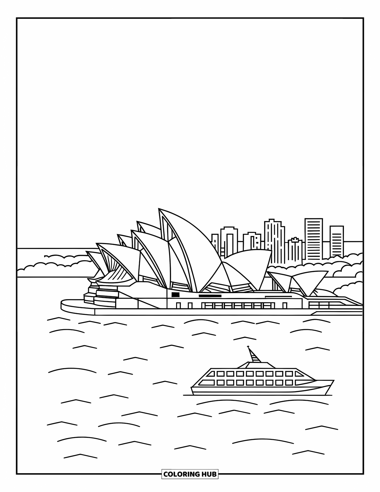 Australia Coloring Page for Kids: Sydney Opera House stands tall with a ferry and city skyline