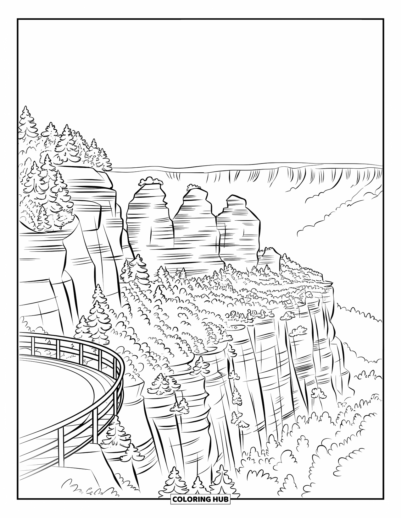 Australia Coloring Page for Kids: The Blue Mountains lookout faces the Three Sisters and mountain cliffs