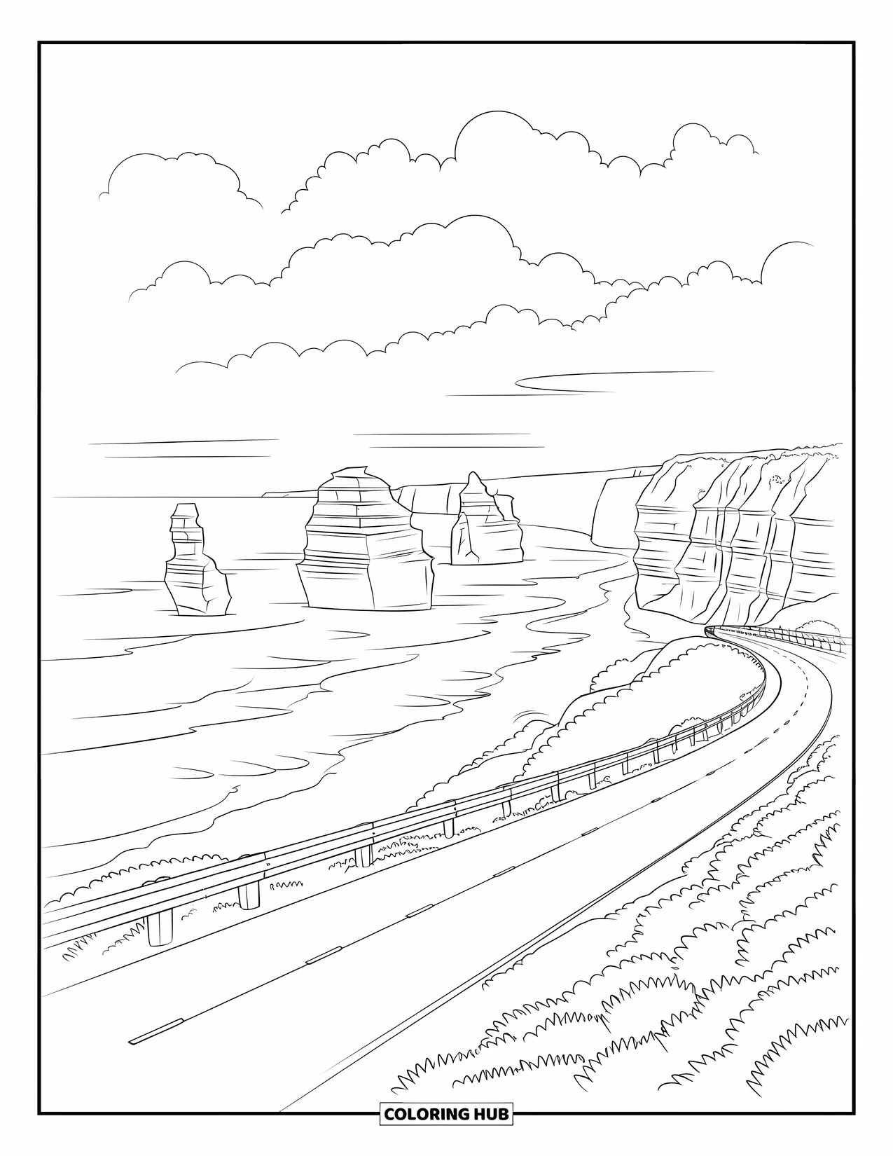 Australia Coloring Page for Kids: The Great Ocean Road passes by cliffs and tall sea stacks