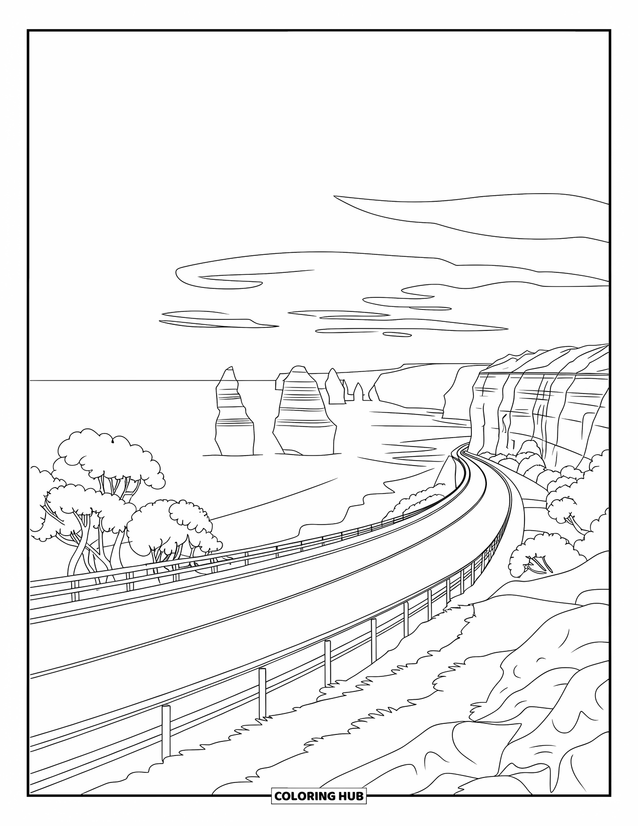 Australia Coloring Page for Kids: The Great Ocean Road winds past cliffs and the Twelve Apostles