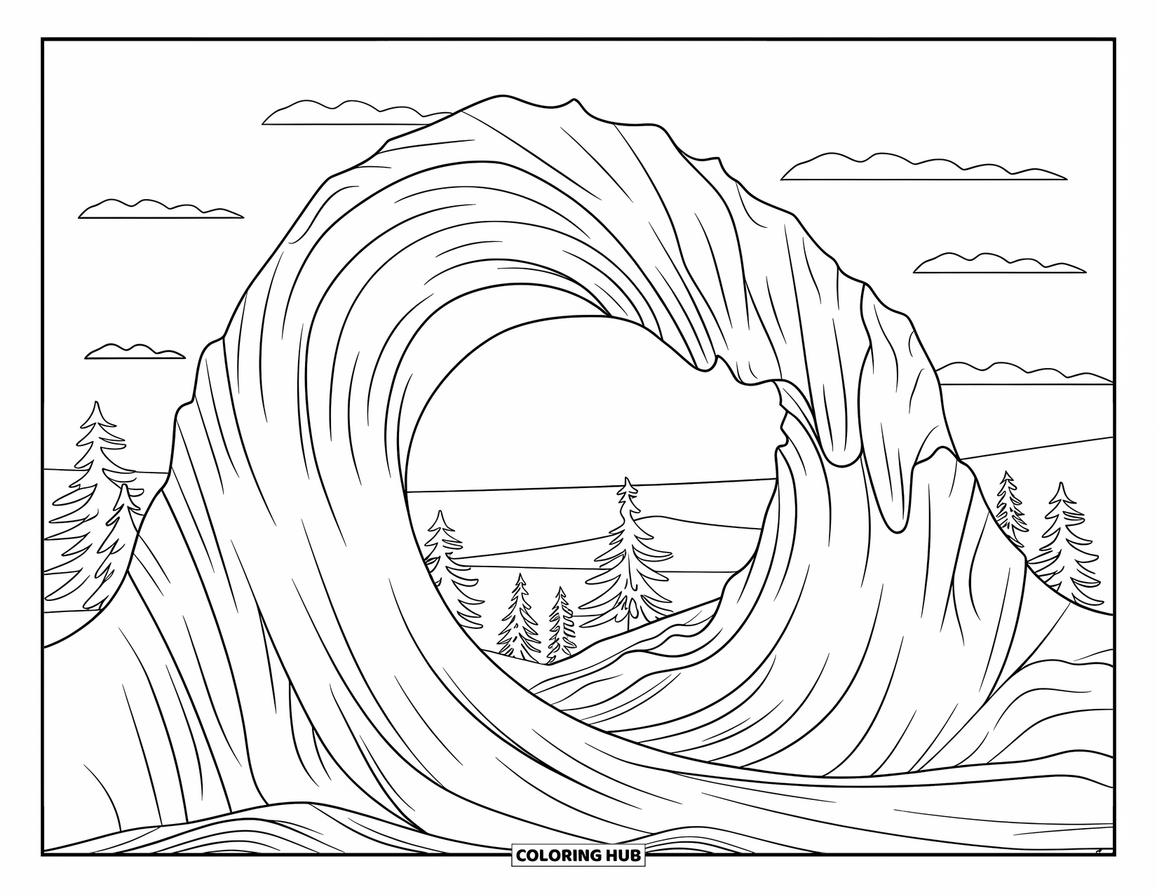 Australia Coloring Page for Kids: Wave Rock arches above the ground with sparse trees and open sky