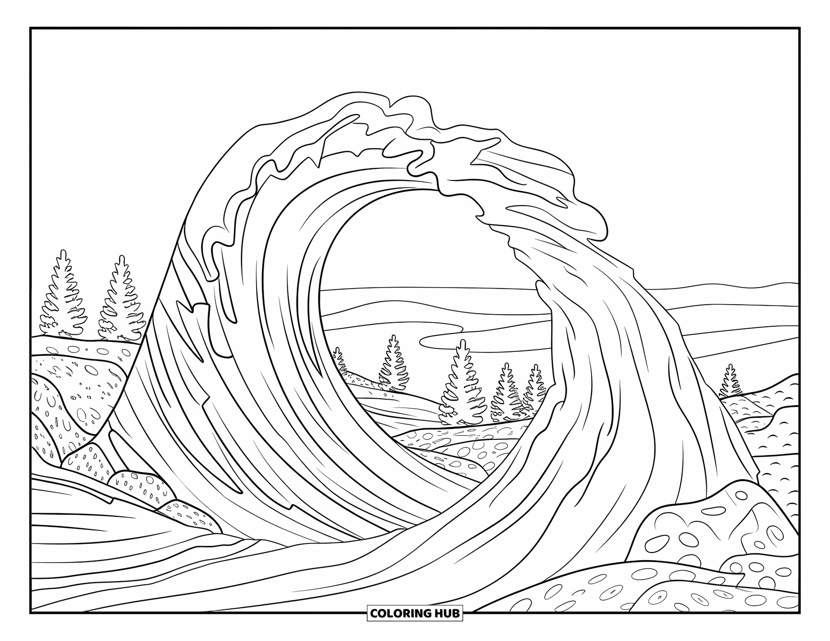 Australia Coloring Page for Kids: Wave Rock curves across the horizon with hills and open land