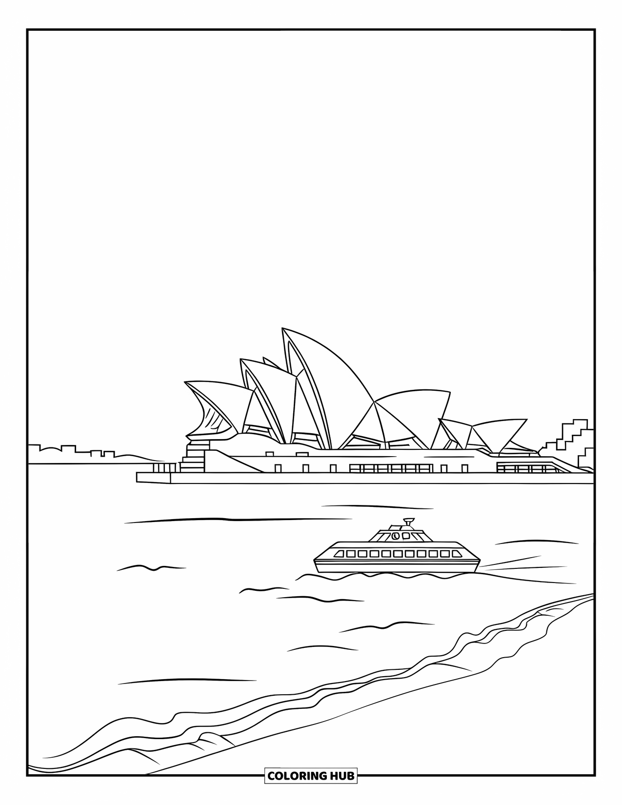 Australia Coloring Page for Kids: Waves lap at the Opera House with ferry and skyline behind