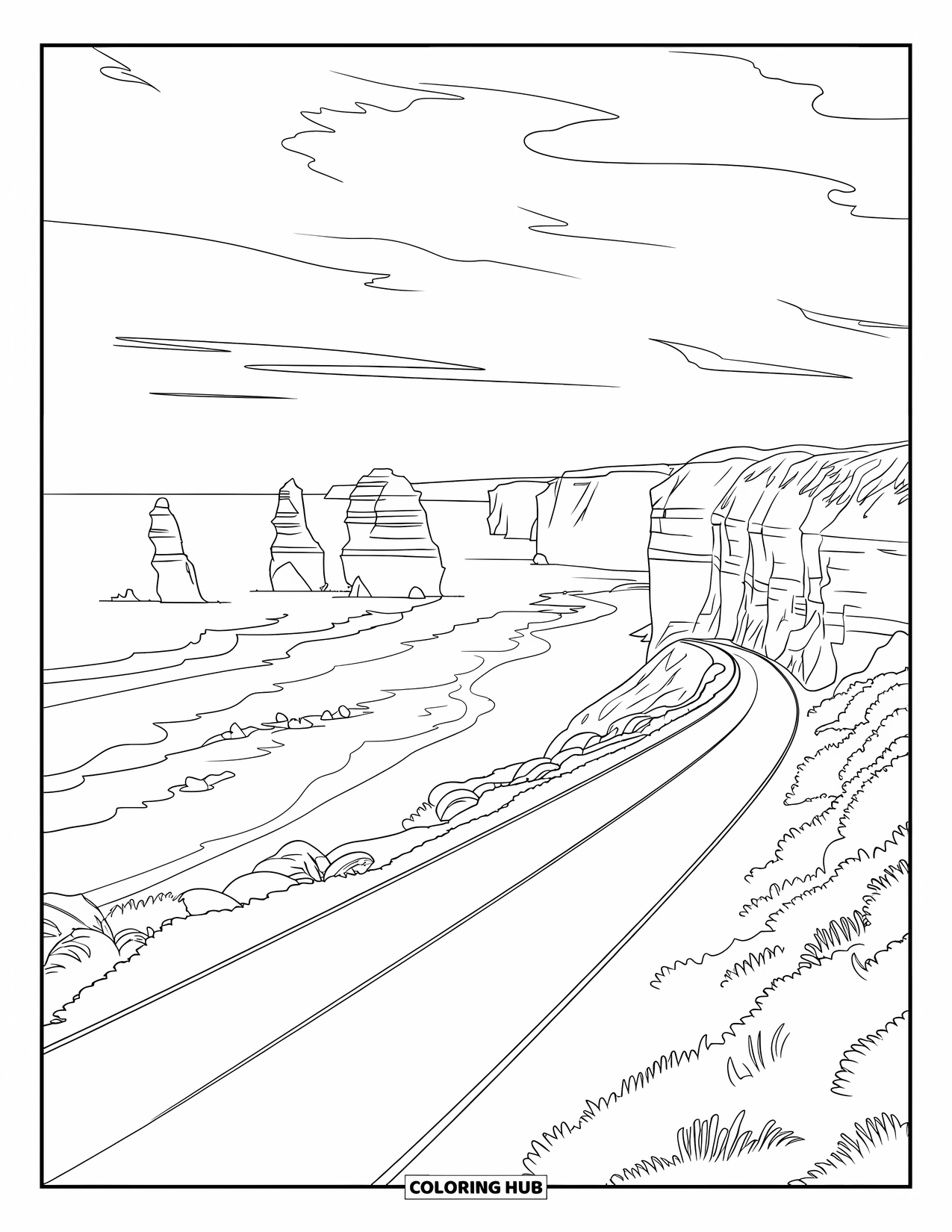 Australia Coloring Page for Kids: Winding road by the coast with cliffs and the Twelve Apostles