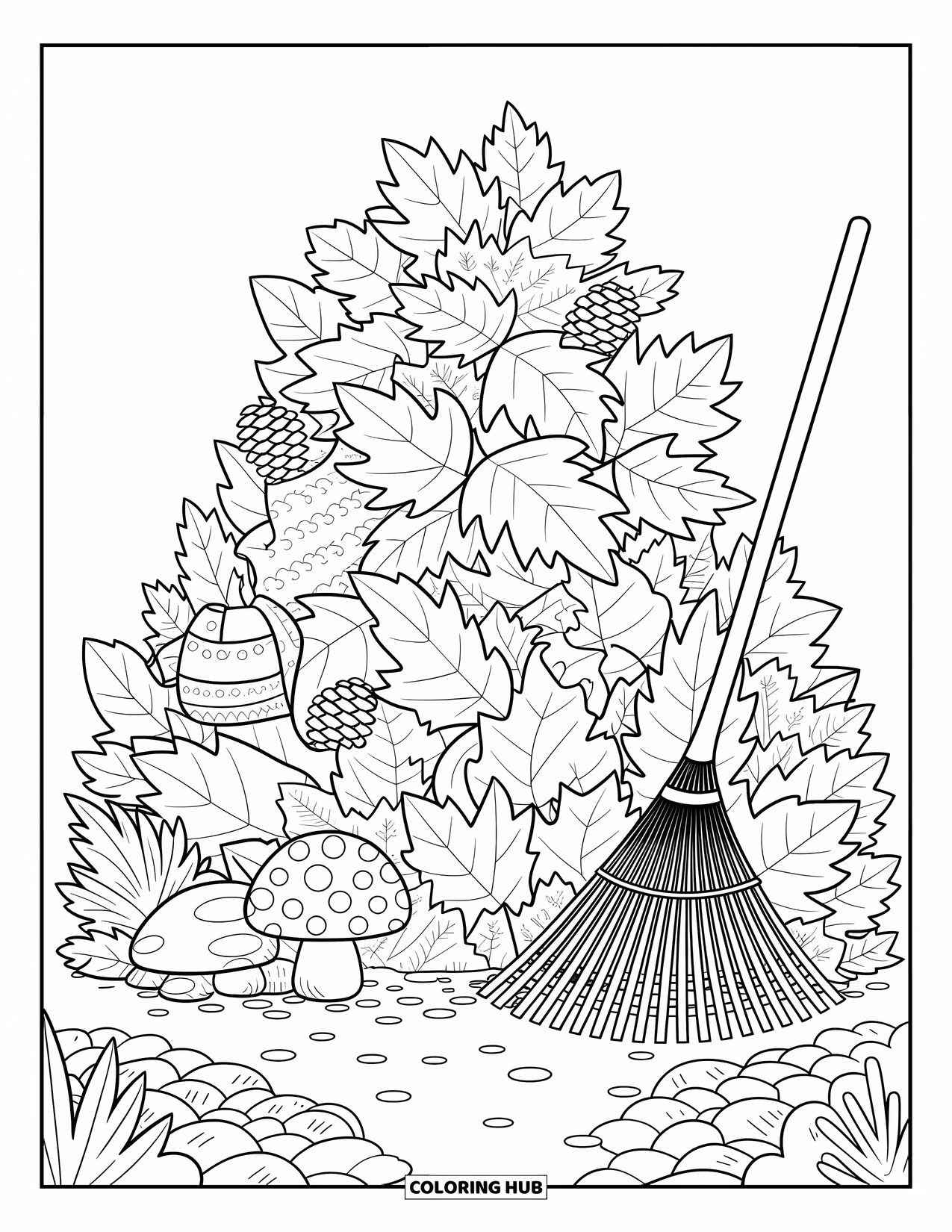 Autumn Leaves Coloring Page for Adults: A big leaf pile hides a pinecone, scarf, mushroom, and swirling vine