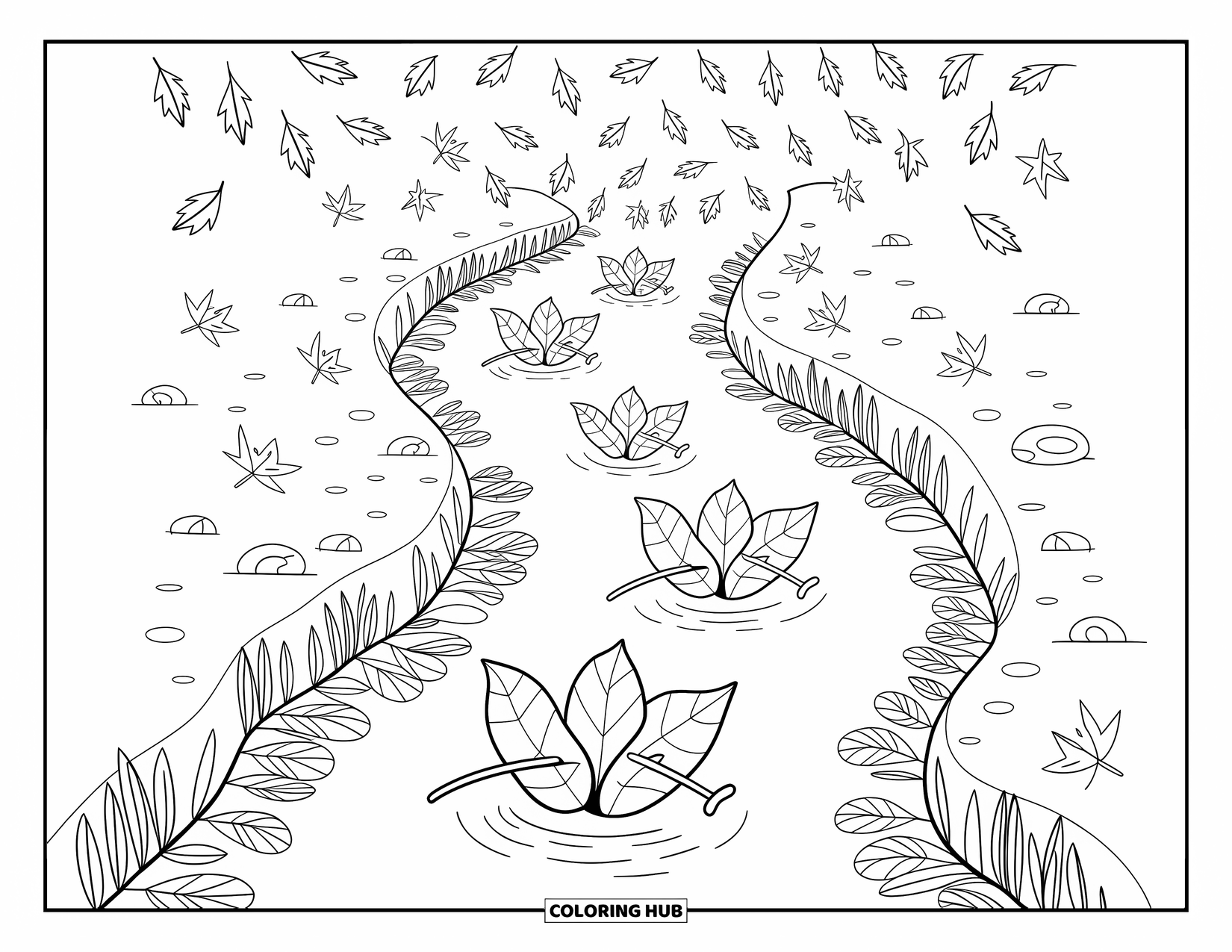 Autumn Leaves Coloring Page for Adults: A calm stream carries little leaf boats past twigs, reeds, and falling leaves