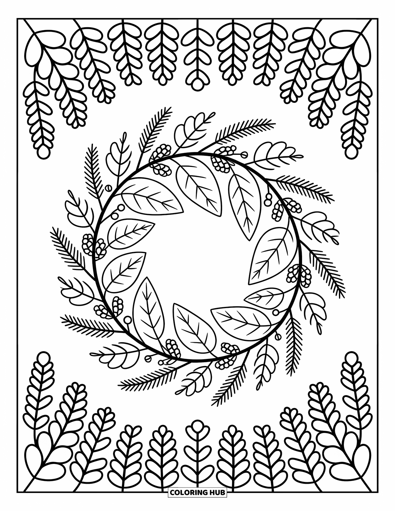 Autumn Leaves Coloring Page for Adults: Autumn leaf wreath decorated with pinecones, berries, and a border of tiny stars
