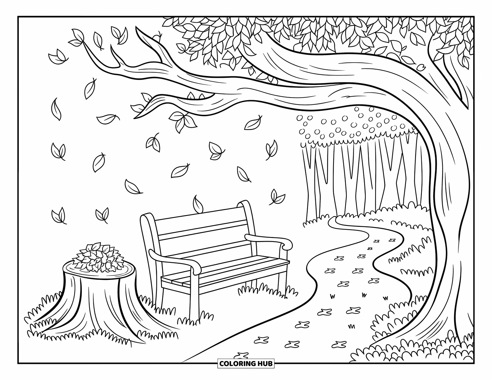 Autumn Leaves Coloring Page for Adults: Big tree with falling leaves shelters a bench, stump, and a forest path