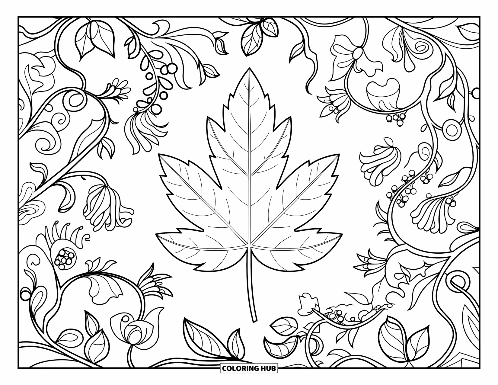 Autumn Leaves Coloring Page for Adults: Bold elm leaf framed by detailed swirling flowers and vines for calming coloring