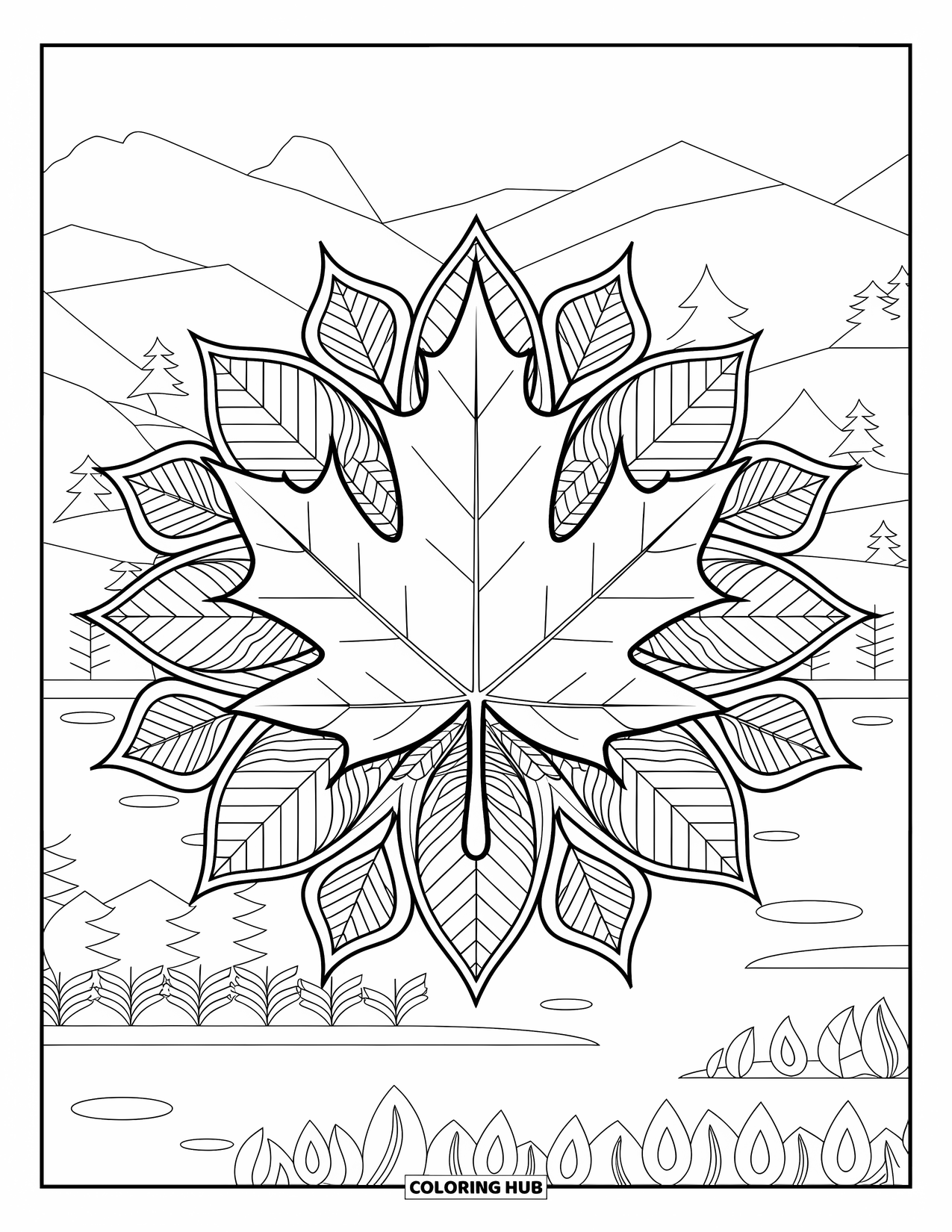 Autumn Leaves Coloring Page for Adults: Botanical mandala surrounds a central maple leaf in a calm mountain scene