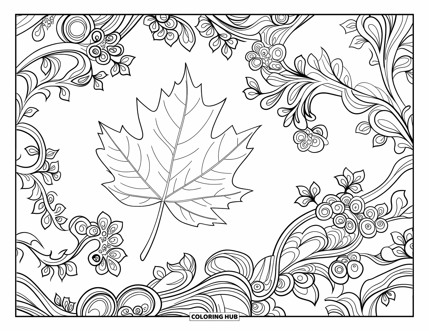 Autumn Leaves Coloring Page for Adults: Centered elm leaf wrapped in complex vine and floral mandala designs