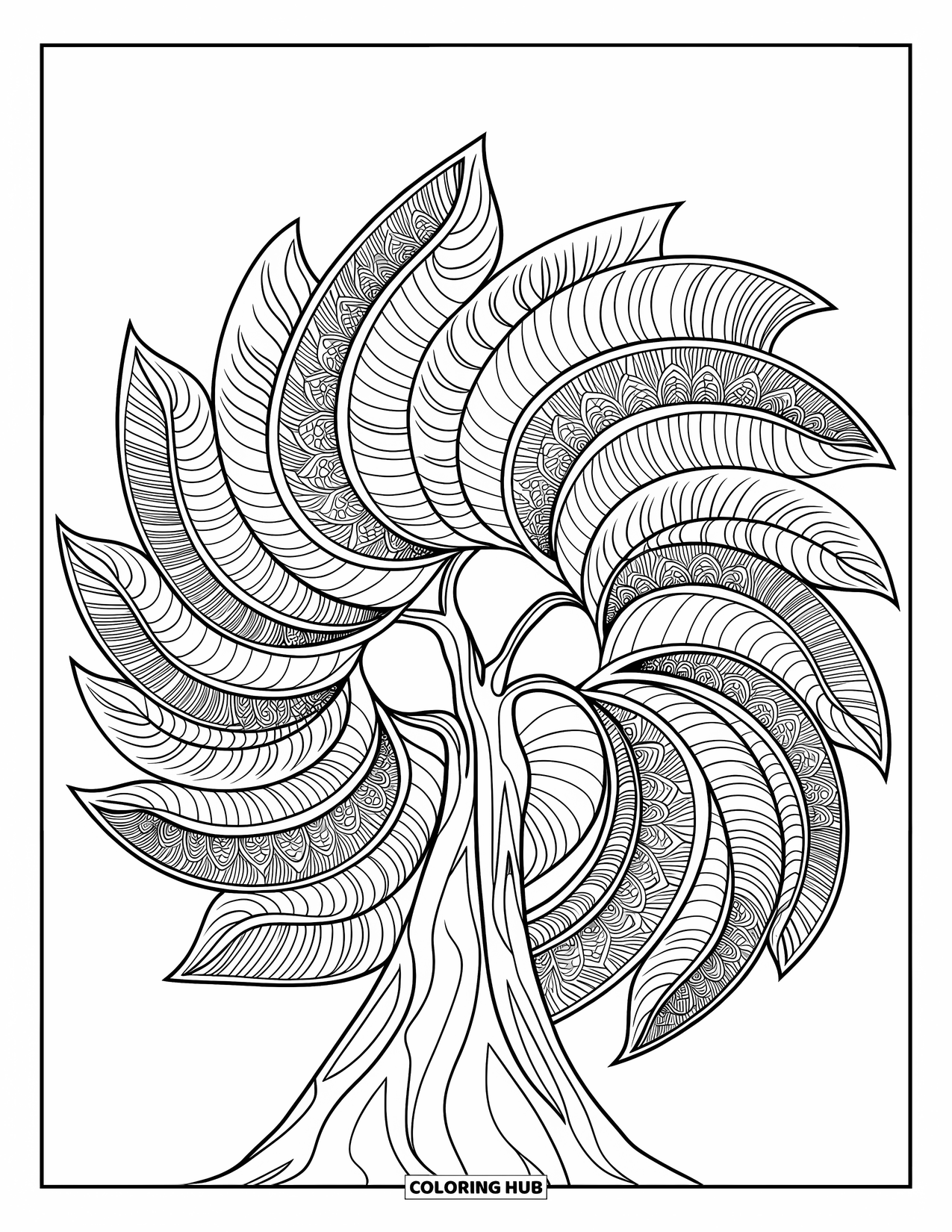 Autumn Leaves Coloring Page for Adults: Chestnut tree trunk at center, surrounded by spiraling mandala leaves