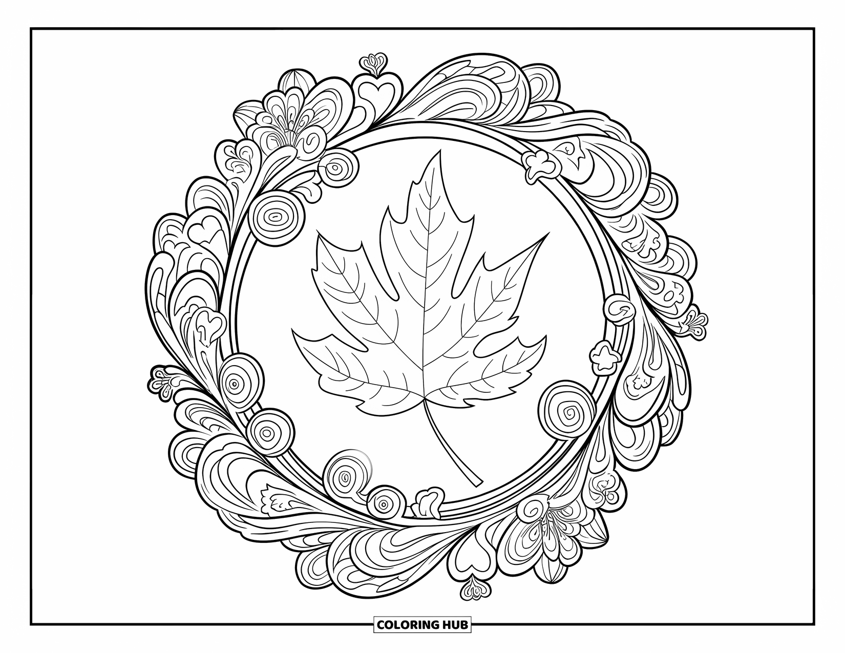 Autumn Leaves Coloring Page for Adults: Elm leaf with vine and floral swirls creates a relaxing, mandala-style centerpiece