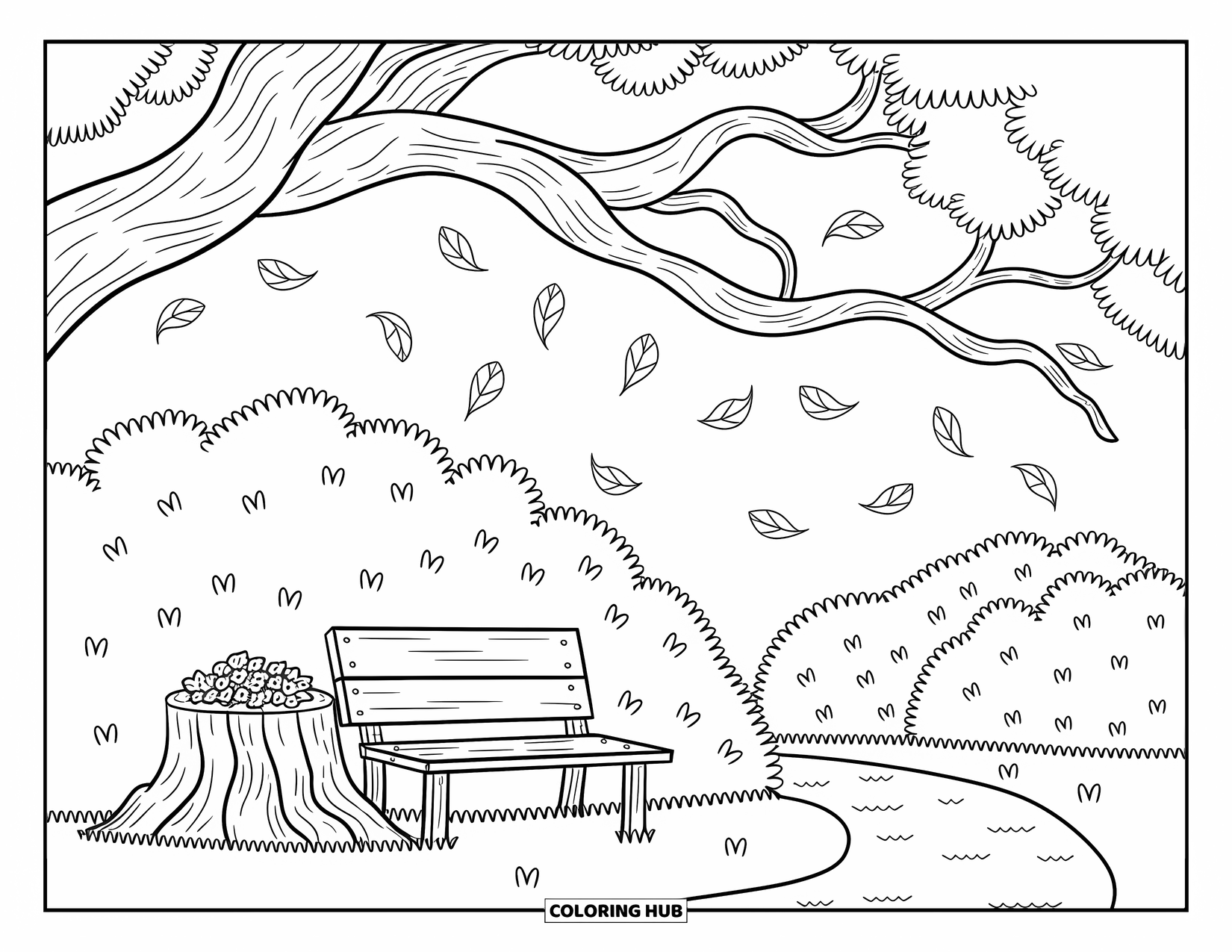 Autumn Leaves Coloring Page for Adults: Falling leaves settle near a bench, a leaf-covered stump, and a curving path