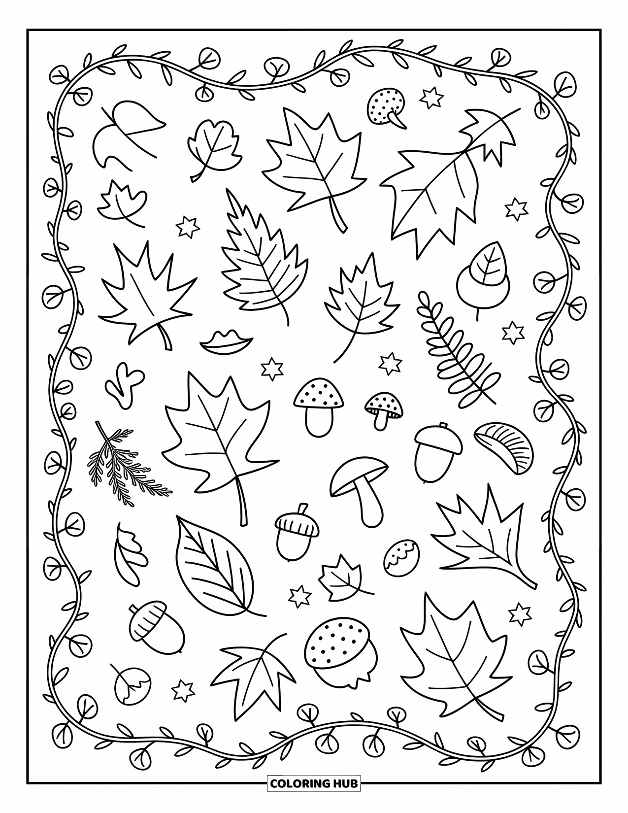Autumn Leaves Coloring Page for Adults: Forest floor of fallen leaves, mushrooms, and twisting vines in a cozy woodland
