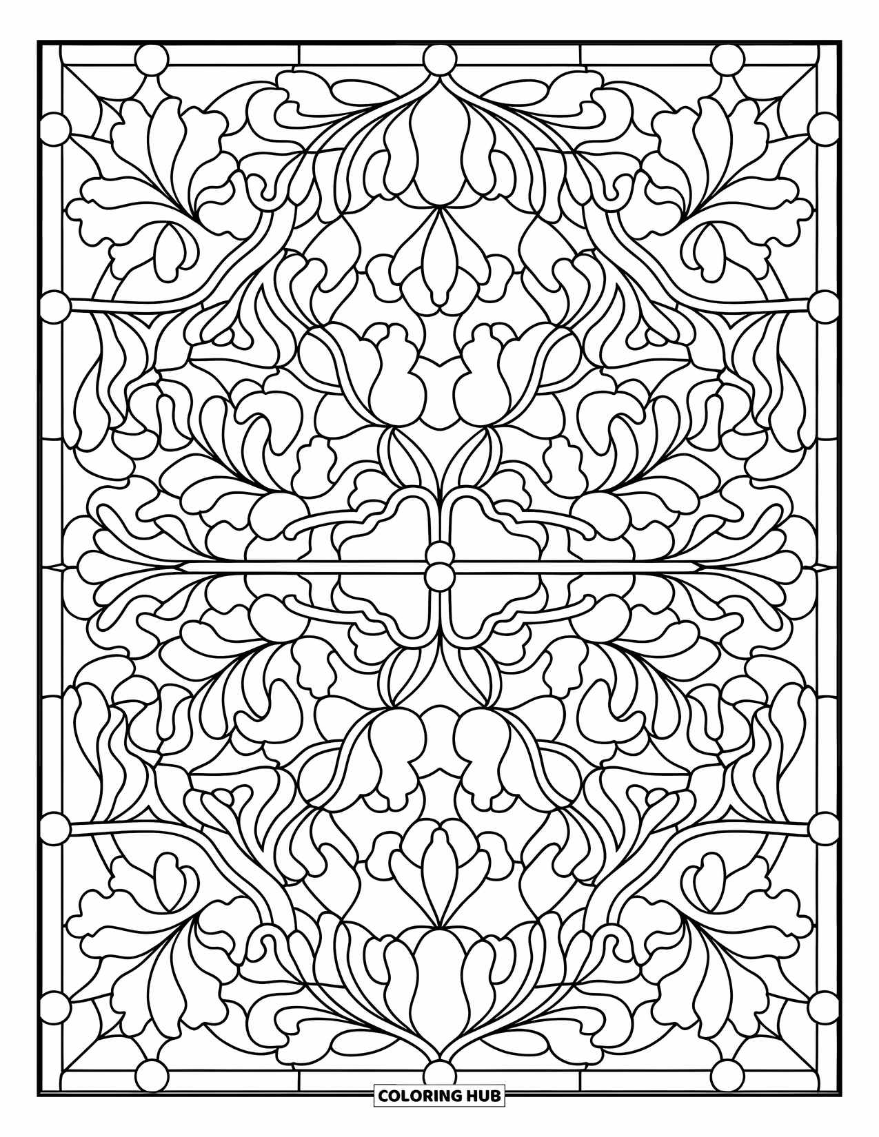 Autumn Leaves Coloring Page for Adults: Full-page stained glass pattern of repeating oak, elm, and ginkgo leaves