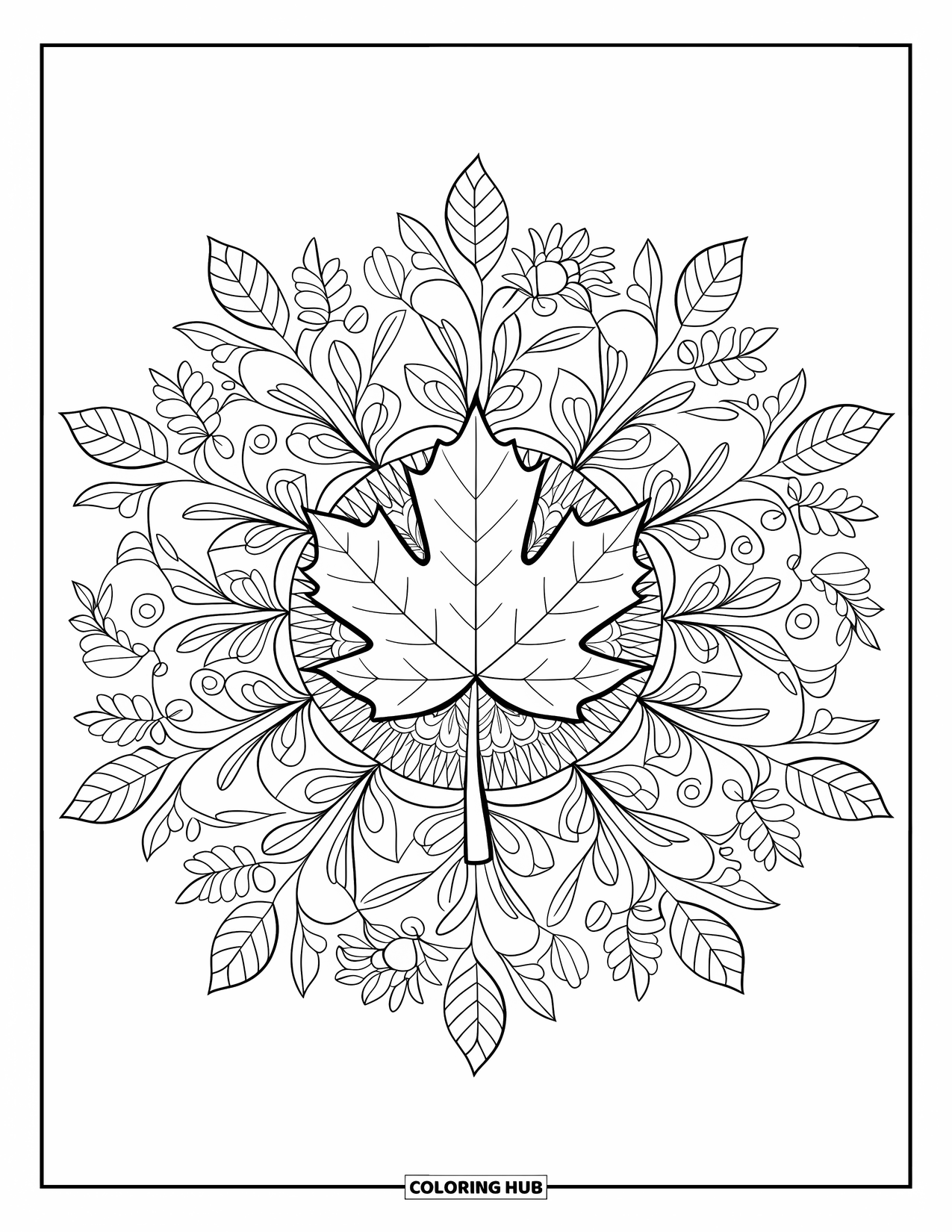 Autumn Leaves Coloring Page for Adults: Large maple leaf at center with mandala flowers, vines, and leaves all around