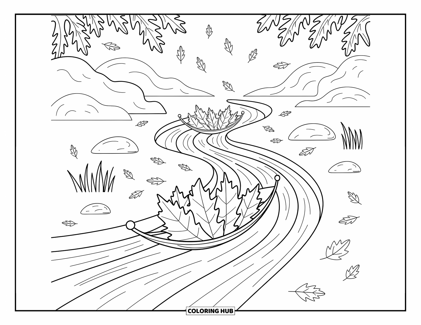 Autumn Leaves Coloring Page for Adults: Leaf boats float down a winding stream with tiny twigs steering through autumn leaves