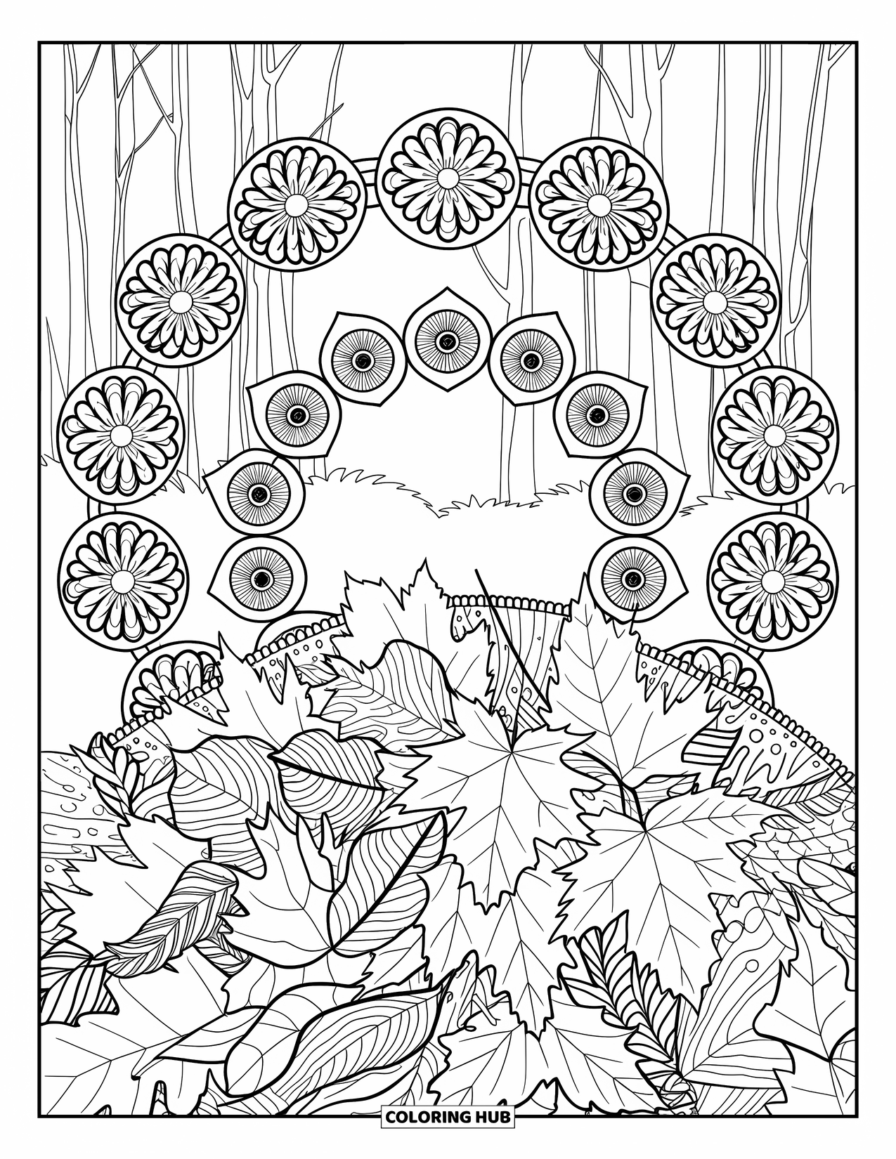 Autumn Leaves Coloring Page for Adults: Leaf pile and mandala rings with forest details form a rich autumn scene
