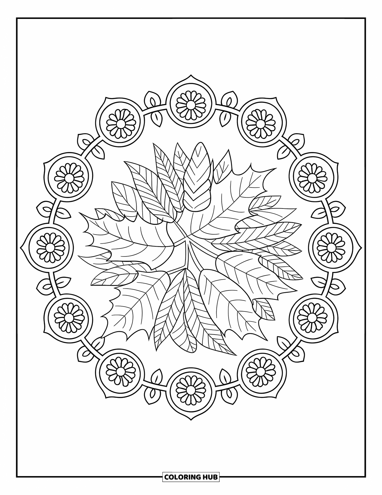 Autumn Leaves Coloring Page for Adults: Leaf pile centered beneath detailed circular mandalas for peaceful coloring