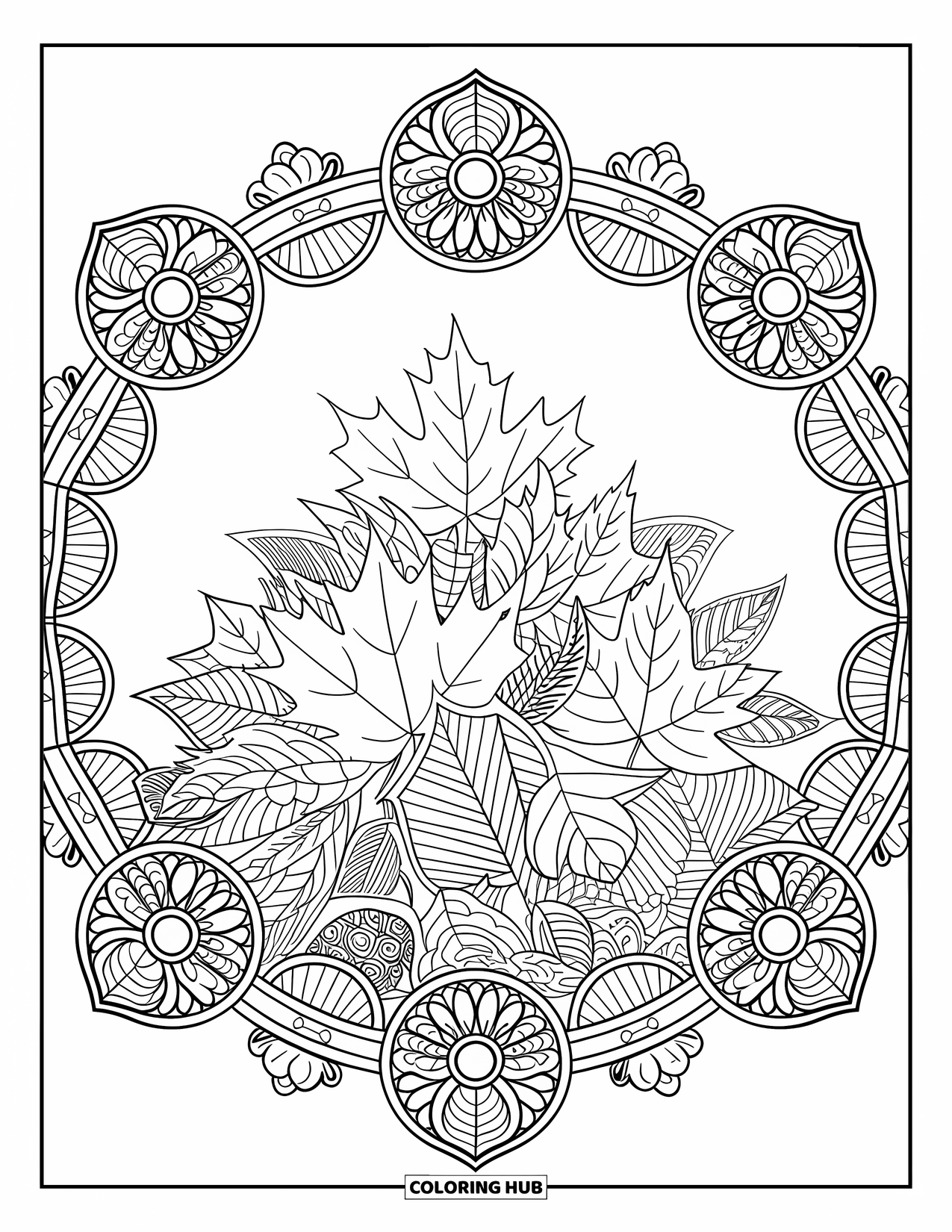 Autumn Leaves Coloring Page for Adults: Leaf pile of birch, maple, and beech framed by floral mandala rings