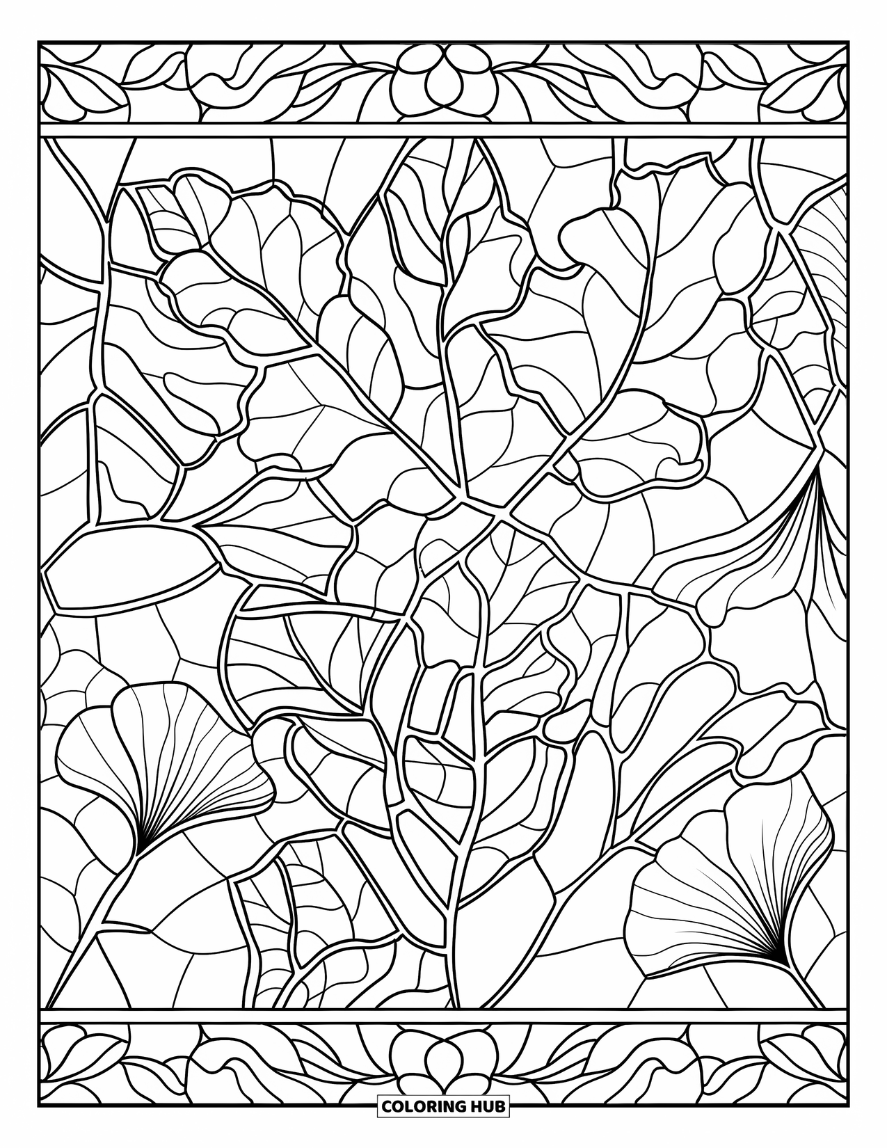 Autumn Leaves Coloring Page for Adults: Leafy stained glass design with artistic borders and repeating oak, elm, and ginkgo