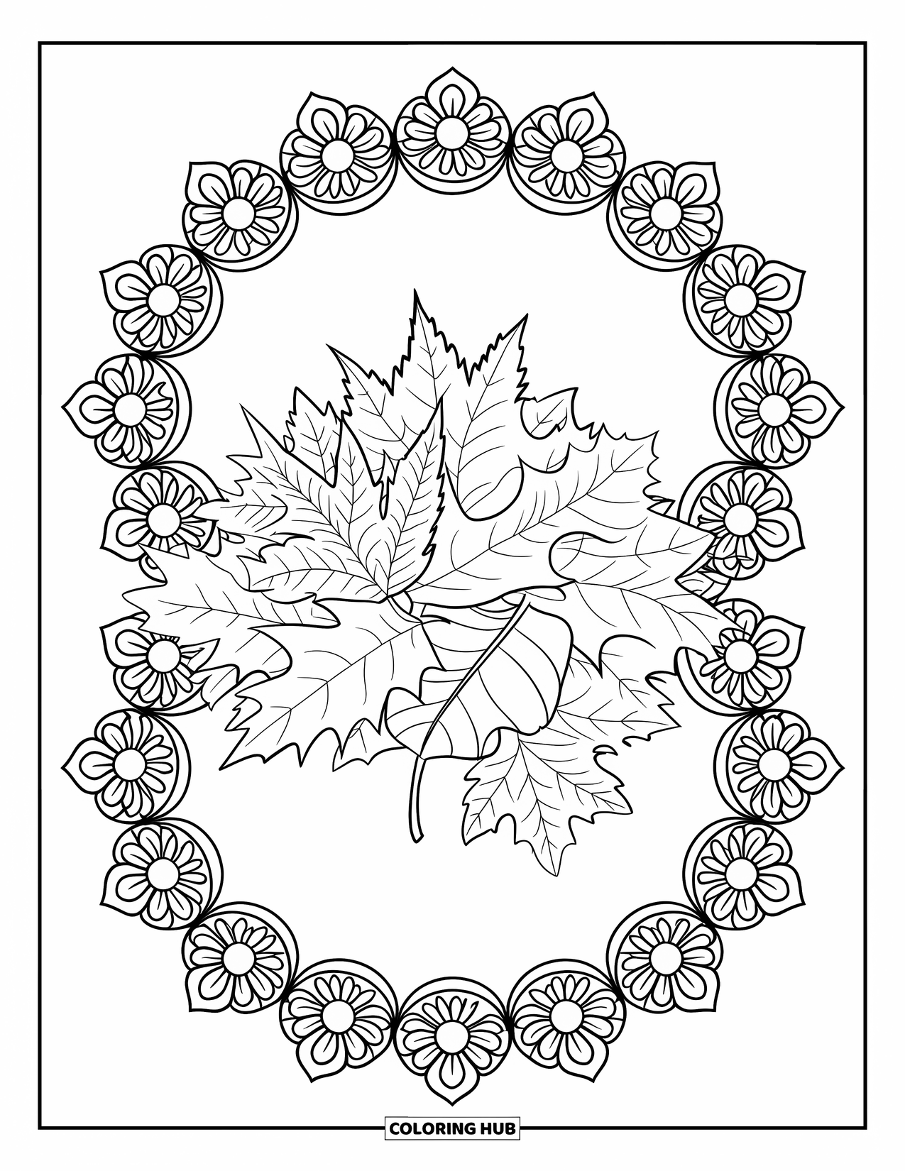 Autumn Leaves Coloring Page for Adults: Mandala rings rise above a leaf pile of birch, maple, and beech