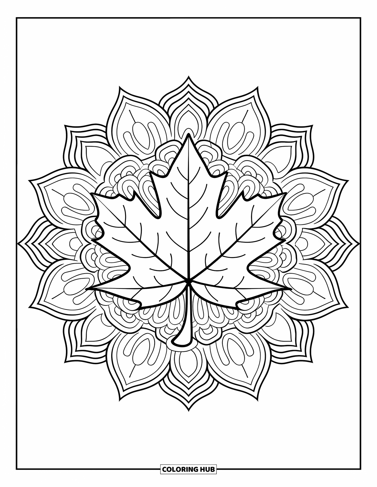 Autumn Leaves Coloring Page for Adults: Maple leaf sits in the center of a botanical mandala with bold linework