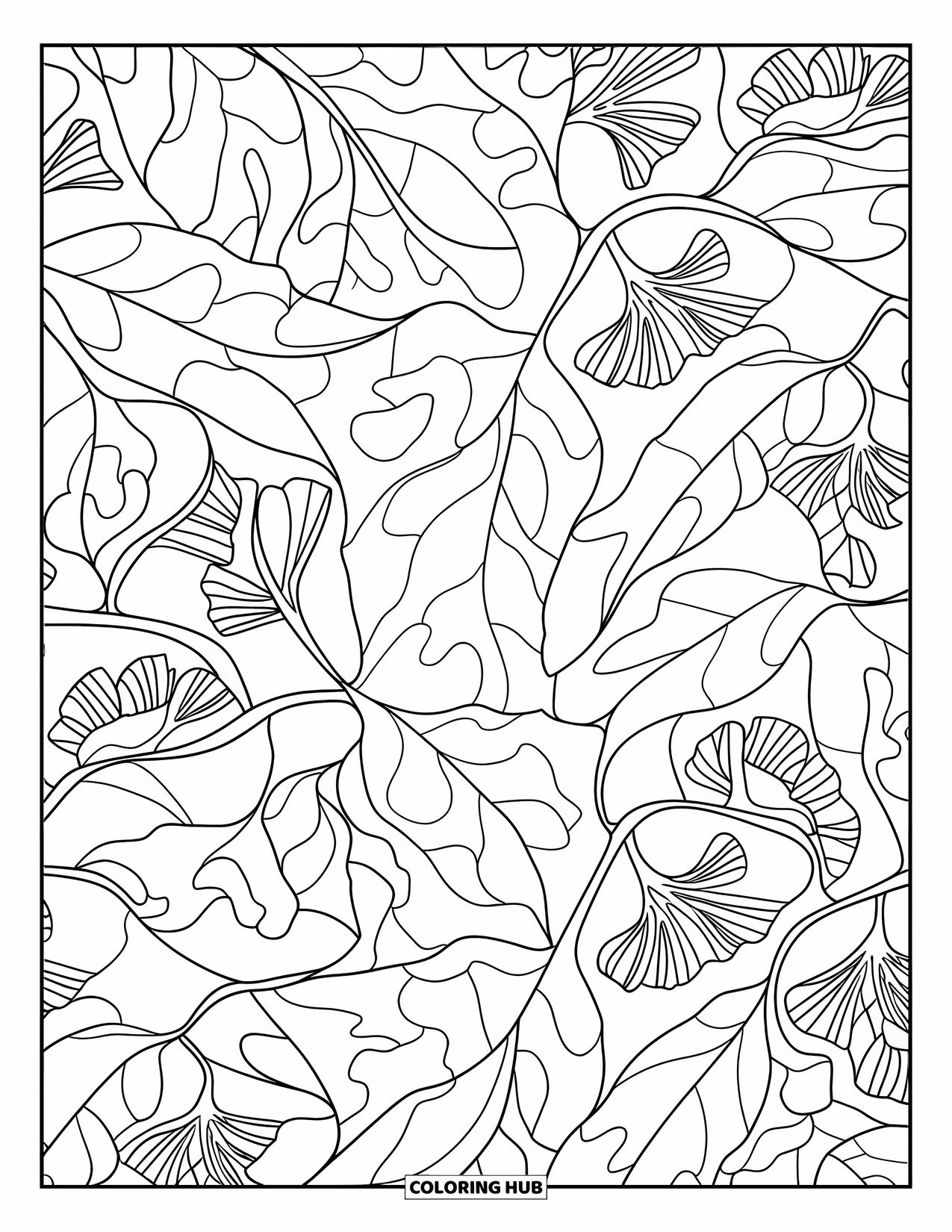 Autumn Leaves Coloring Page for Adults: Oak, elm, and ginkgo leaves repeat across a stained glass-style page