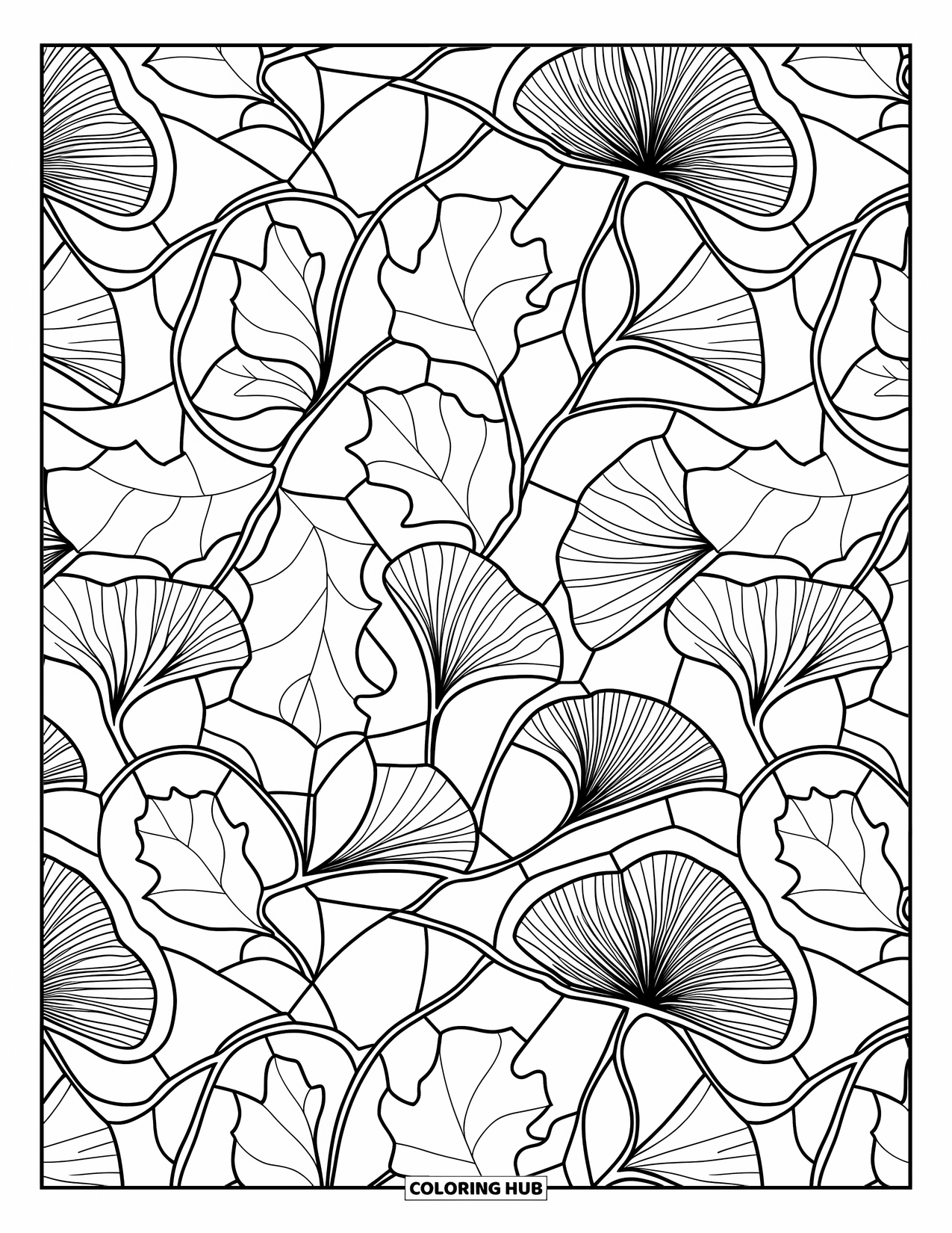 Autumn Leaves Coloring Page for Adults: Repeating oak, elm, and ginkgo leaves form an intricate stained glass design