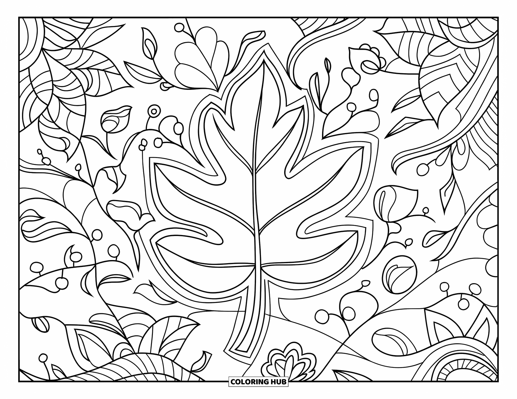 Autumn Leaves Coloring Page for Adults: Single elm leaf surrounded by swirling flowers and vines in a symmetrical mandala pattern