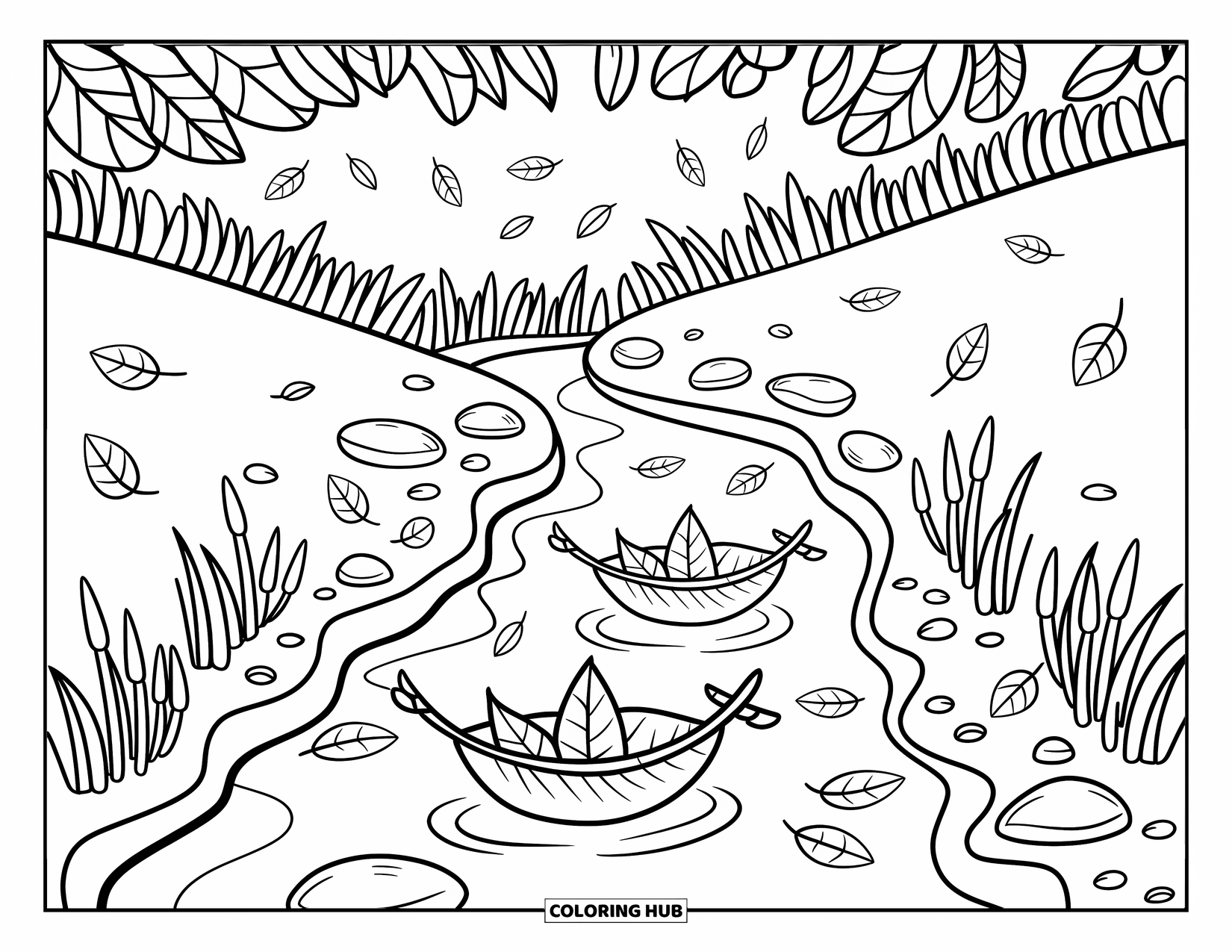 Autumn Leaves Coloring Page for Adults: Sycamore leaf boats drift gently in a stream surrounded by reeds and falling leaves