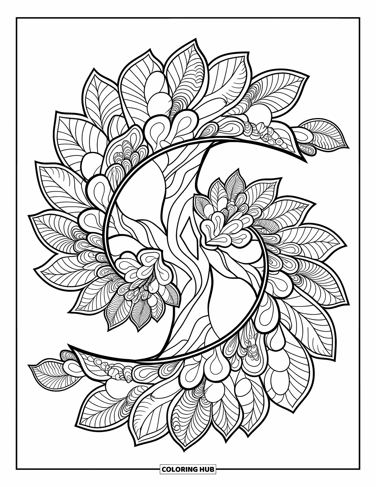 Autumn Leaves Coloring Page for Adults: Tree trunk with mandala-style layered leaves creates a bold, centered design