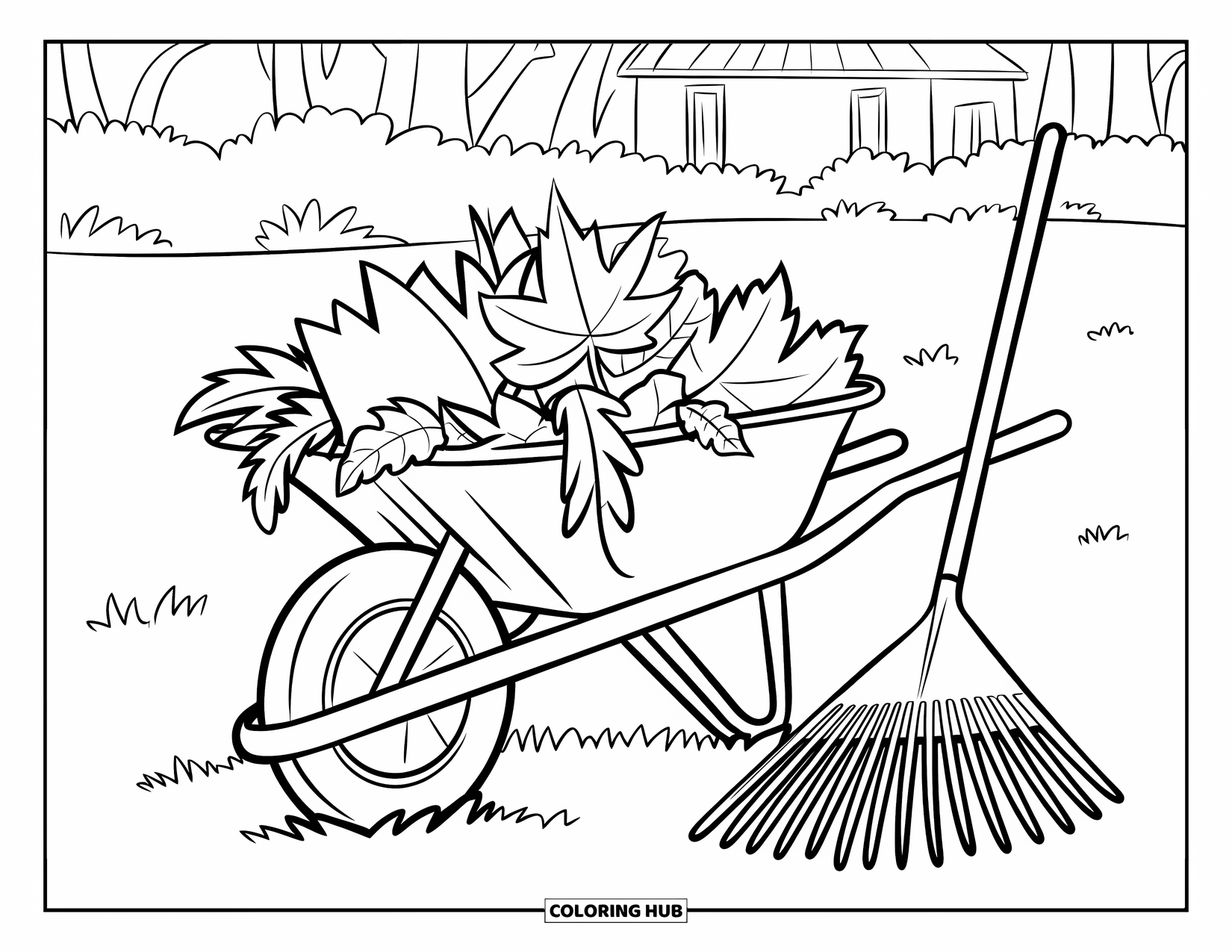 Autumn Leaves Coloring Page for Kids: Autumn leaves overflow from a wheelbarrow near a rake and quiet trees