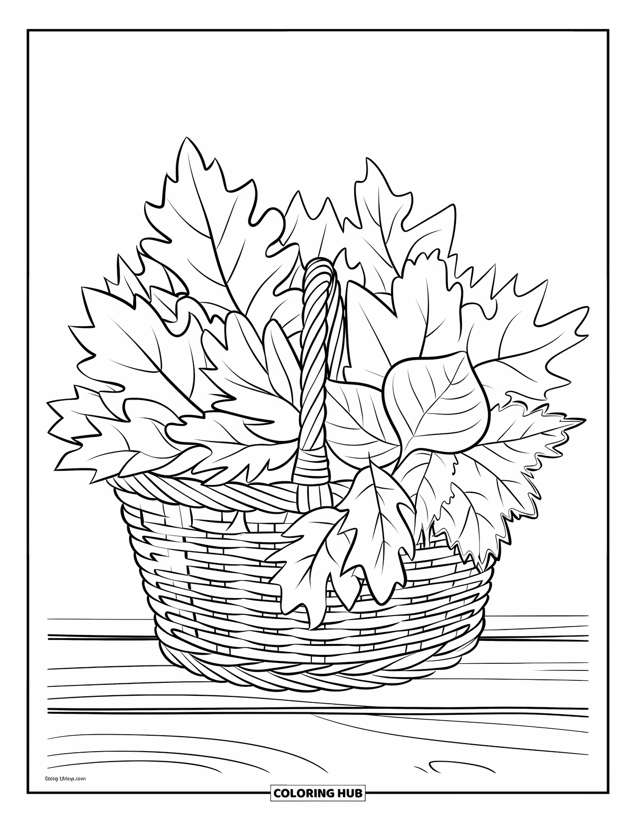 Autumn Leaves Coloring Page for Kids: Basket full of autumn leaves rests on a wooden surface
